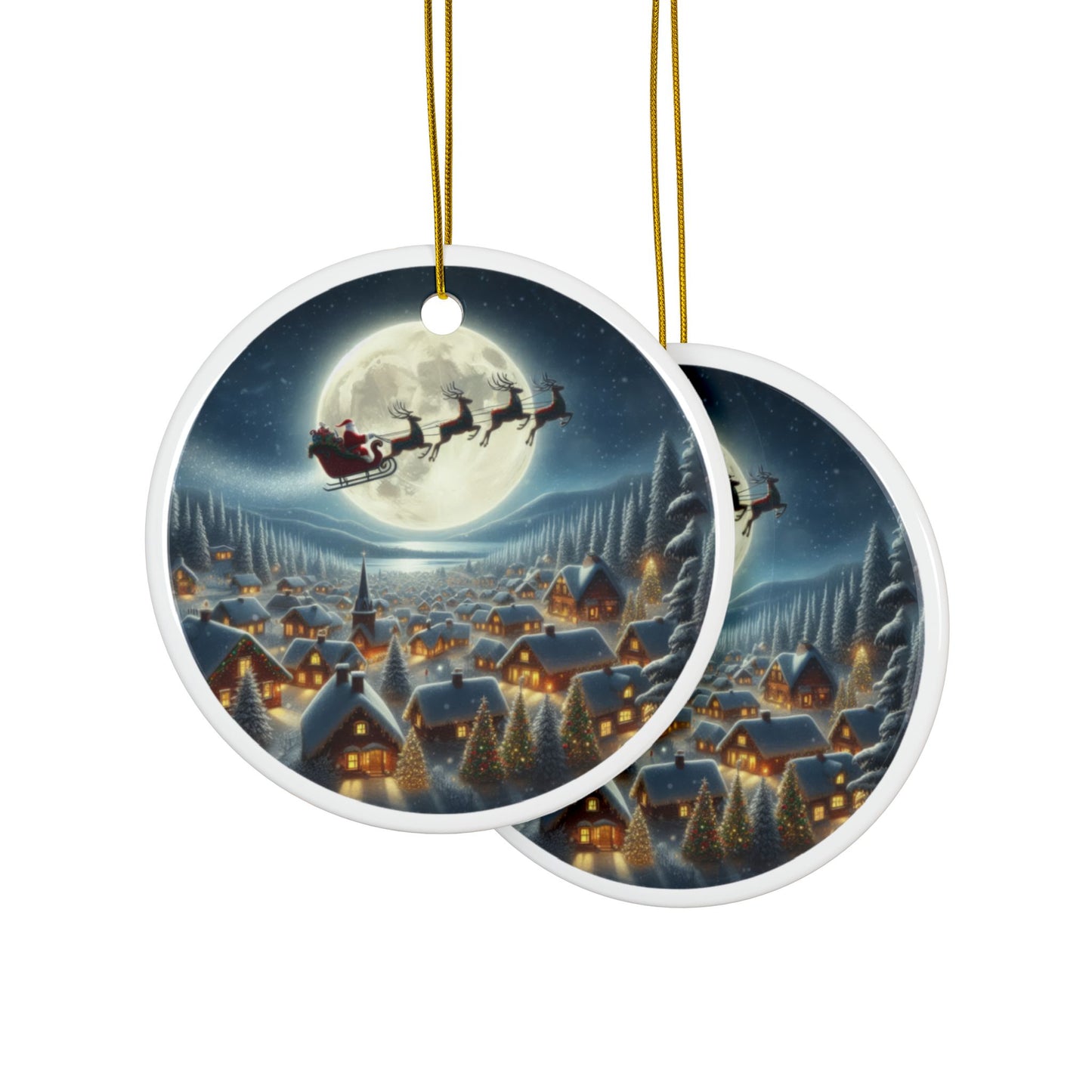 Santa’s Moonlit Village Flight Christmas Ceramic Ornaments, 2-Side Print, (1pc, 3pcs, 5pcs, 10pcs)