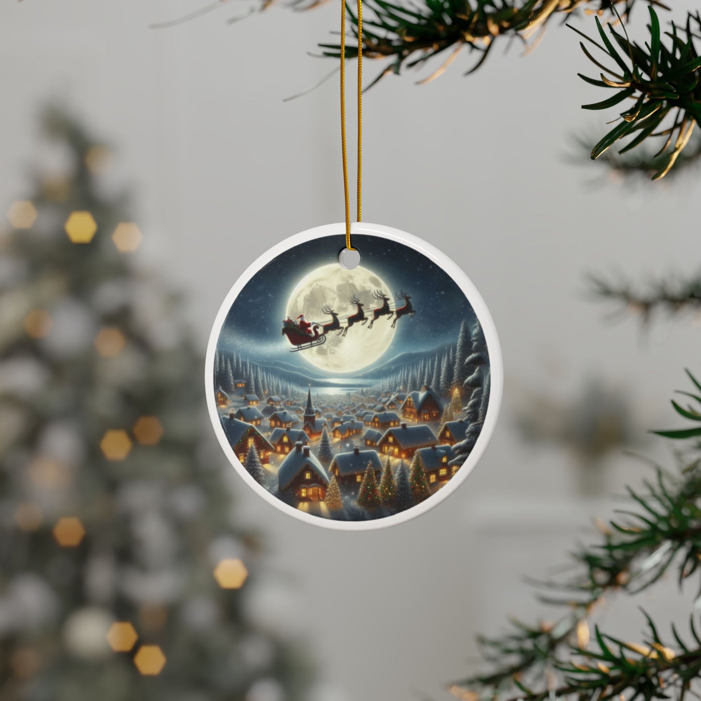 Santa’s Moonlit Village Flight Christmas Ceramic Ornaments, 2-Side Print, (1pc, 3pcs, 5pcs, 10pcs)