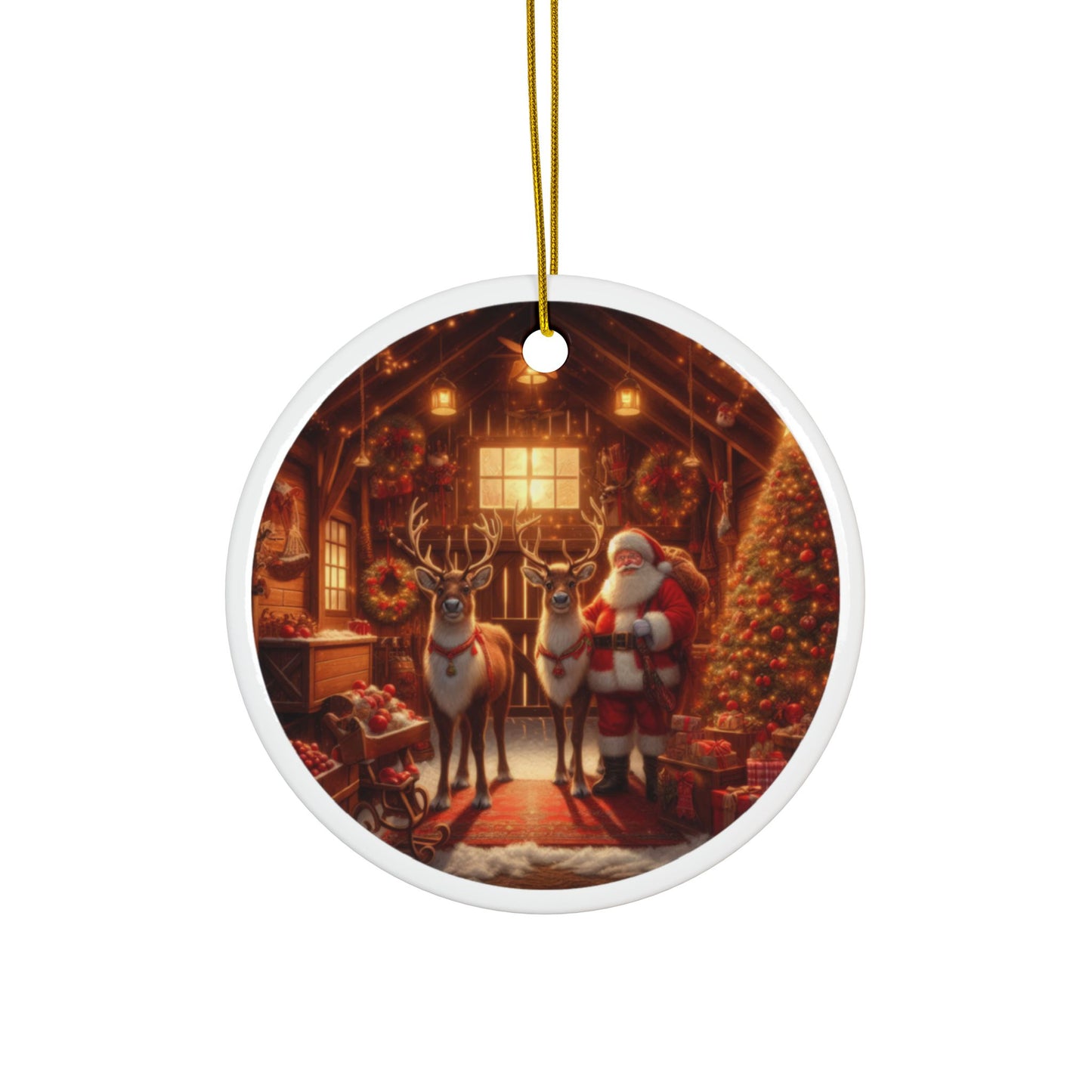 Santa’s Barnyard Cheer Christmas Ceramic Ornaments, 2-Side Print, (1pc, 3pcs, 5pcs, 10pcs)