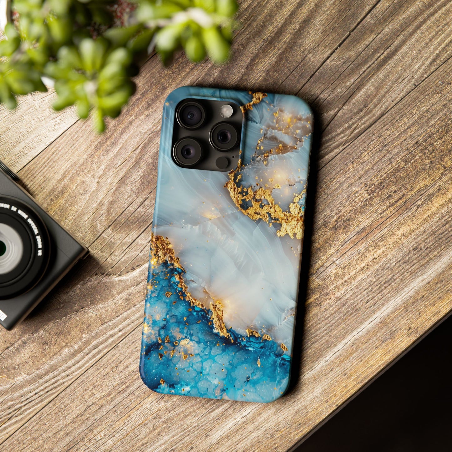 Marble Luxe Slim iPhone Case, Elegant Blue & Gold Design