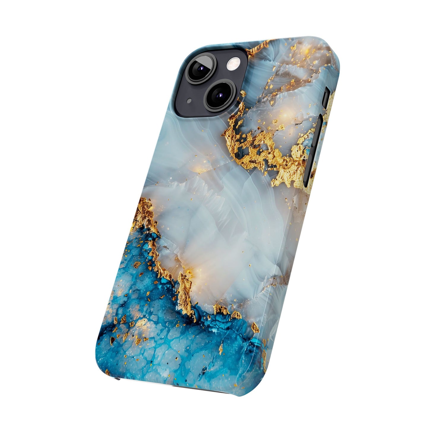 Marble Luxe Slim iPhone Case, Elegant Blue & Gold Design