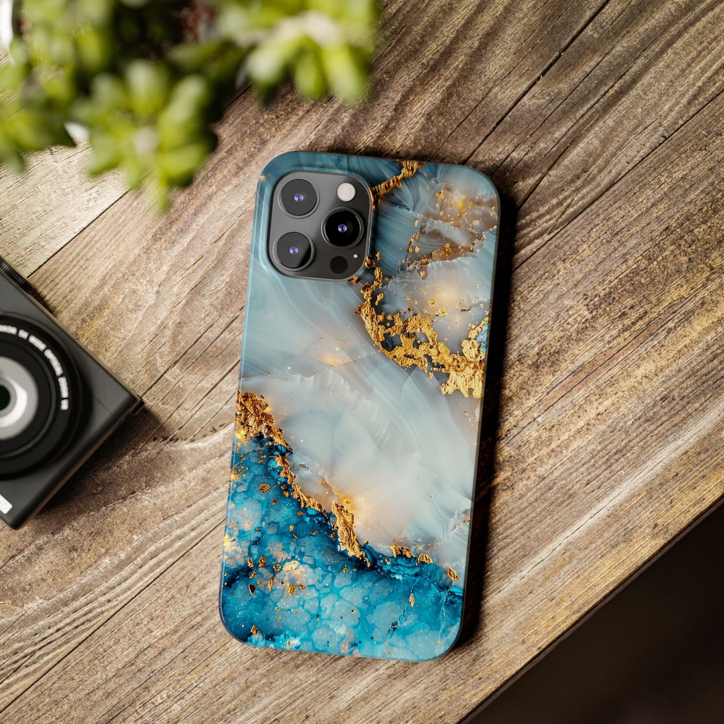 Marble Luxe Slim iPhone Case, Elegant Blue & Gold Design