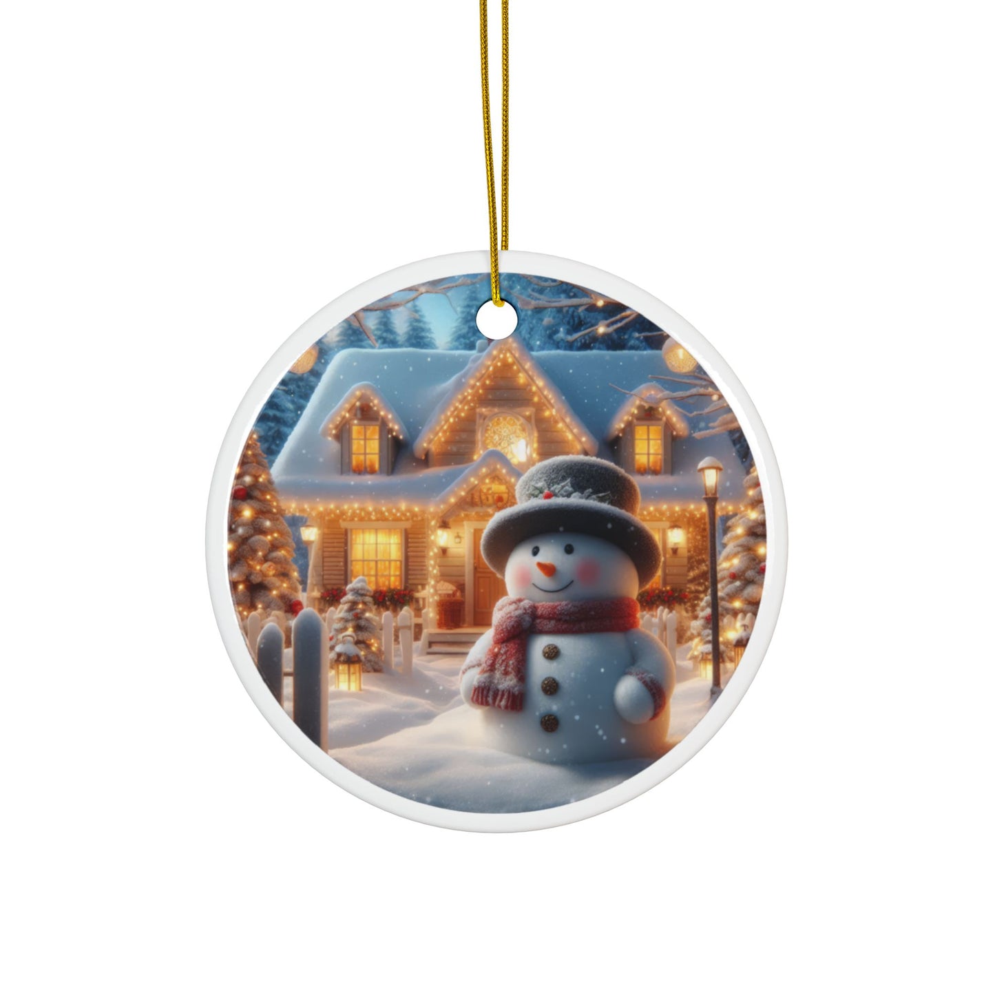 Merry Snowman’s Hearthside Christmas Ceramic Ornaments, 2-Side Print, (1pc, 3pcs, 5pcs, 10pcs)