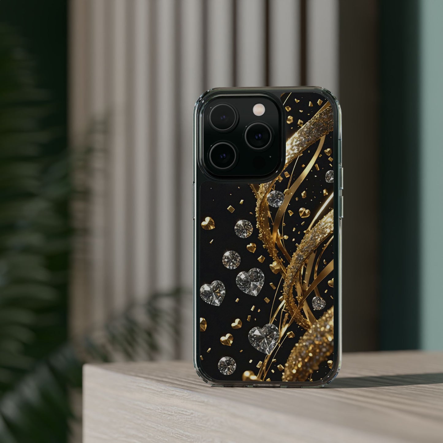 Gleaming Heart Clear Case, Elegant Gold Glitter, Sparkling Design