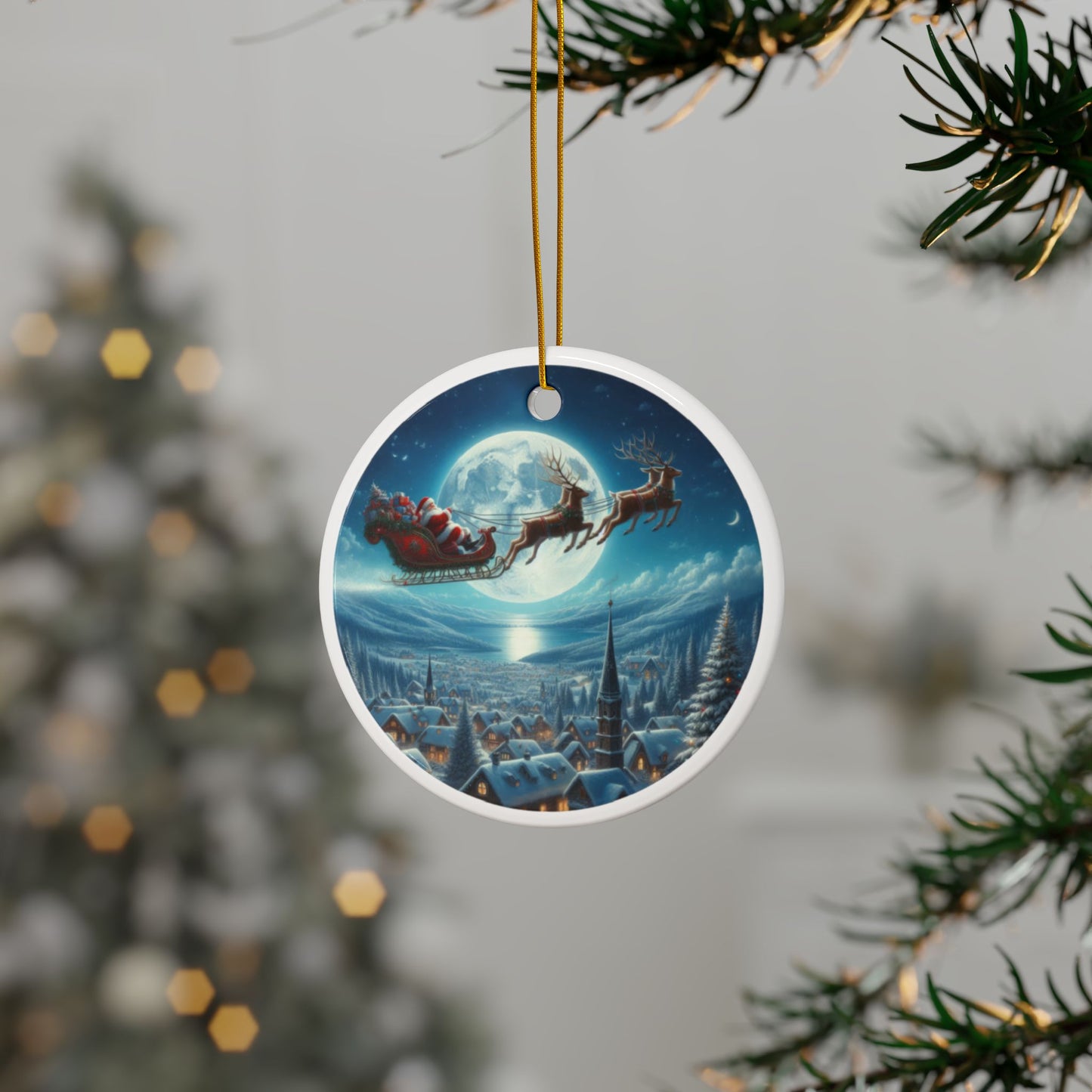 Magical Sleigh Ride Above Cheerland Christmas Ceramic Ornaments, 2-Side Print, (1pc, 3pcs, 5pcs, 10pcs)