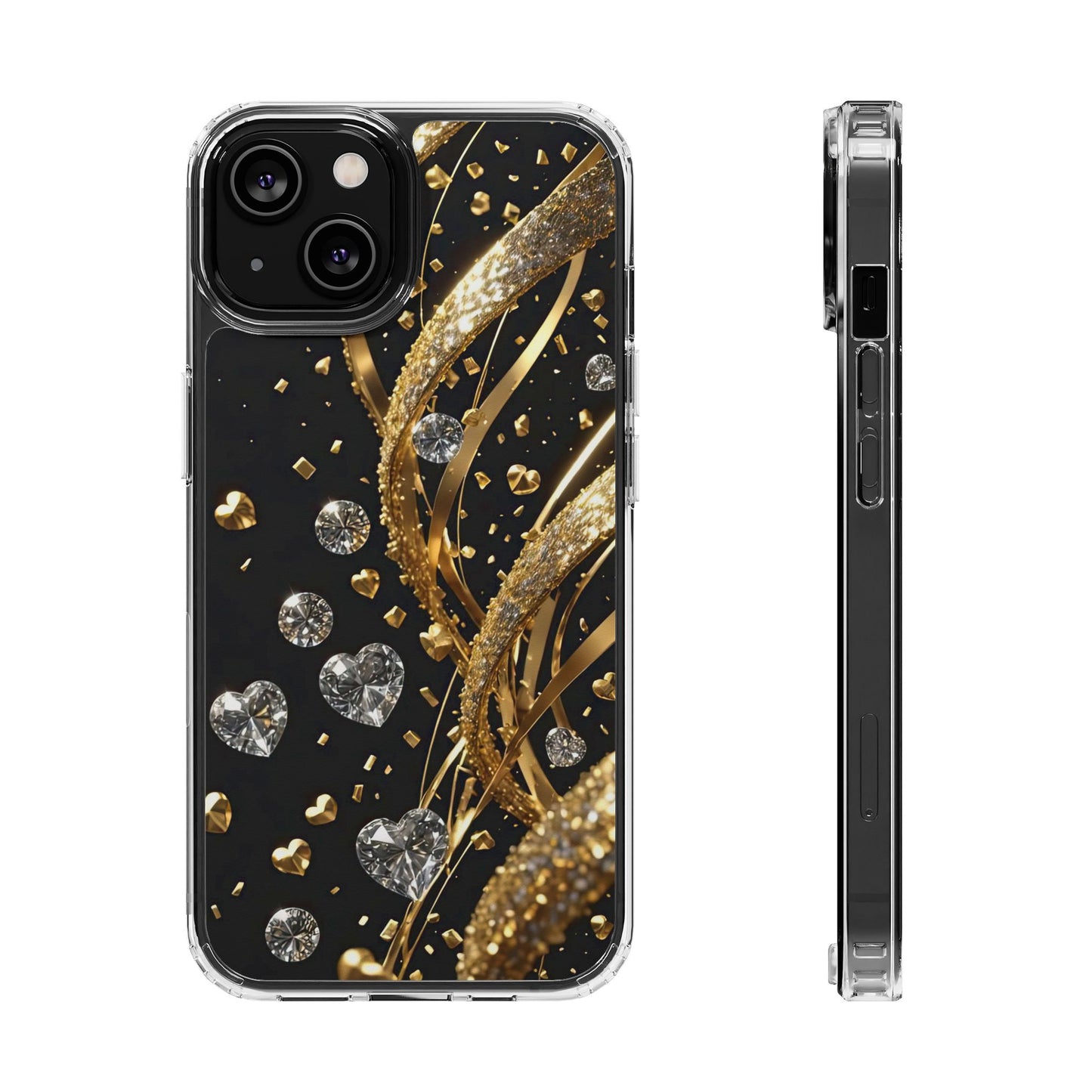 Gleaming Heart Clear Case, Elegant Gold Glitter, Sparkling Design