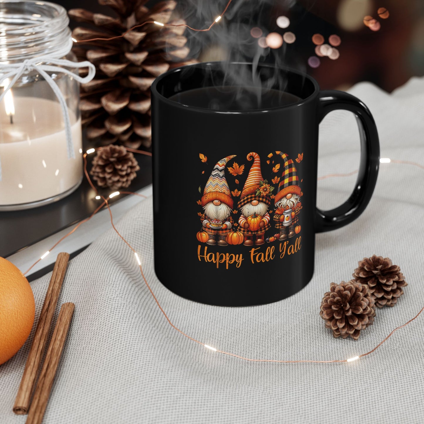 Happy Fall Y'all Gnome Mug, Black Coffee Cup for Autumn