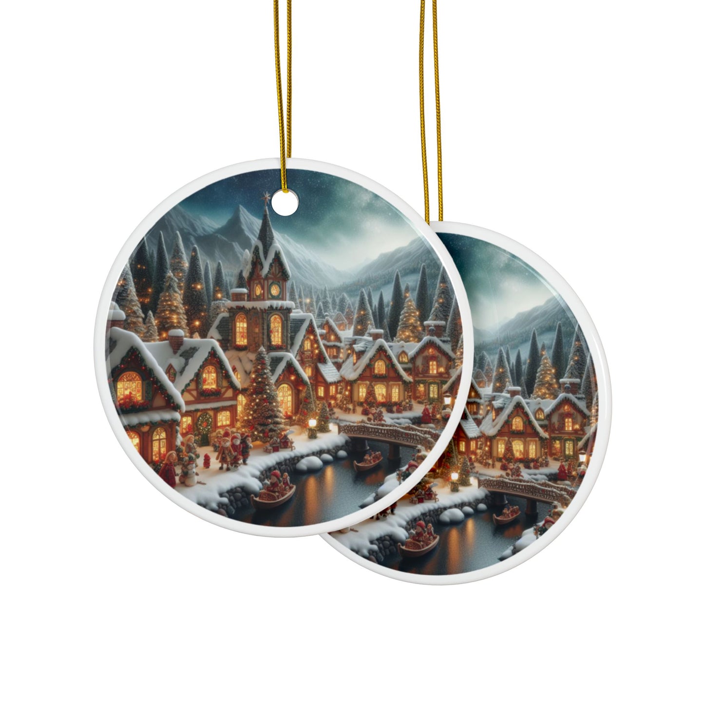 Silent Night in a Snow-Blanketed Village Ceramic Ornaments, 2-Side Print, (1pc, 3pcs, 5pcs, 10pcs)