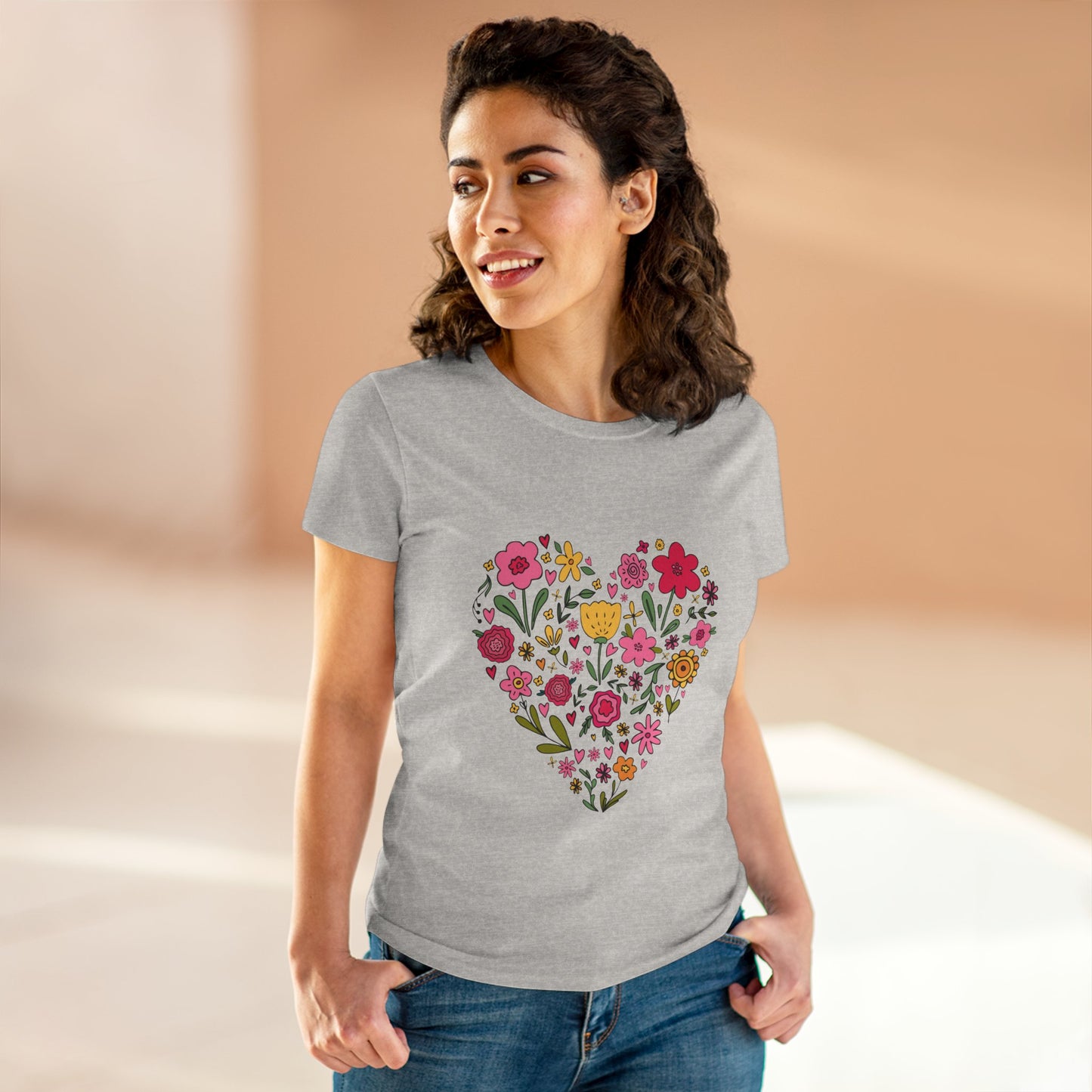 Floral Heart Women's Cotton Tee - Cute Everyday T-Shirt
