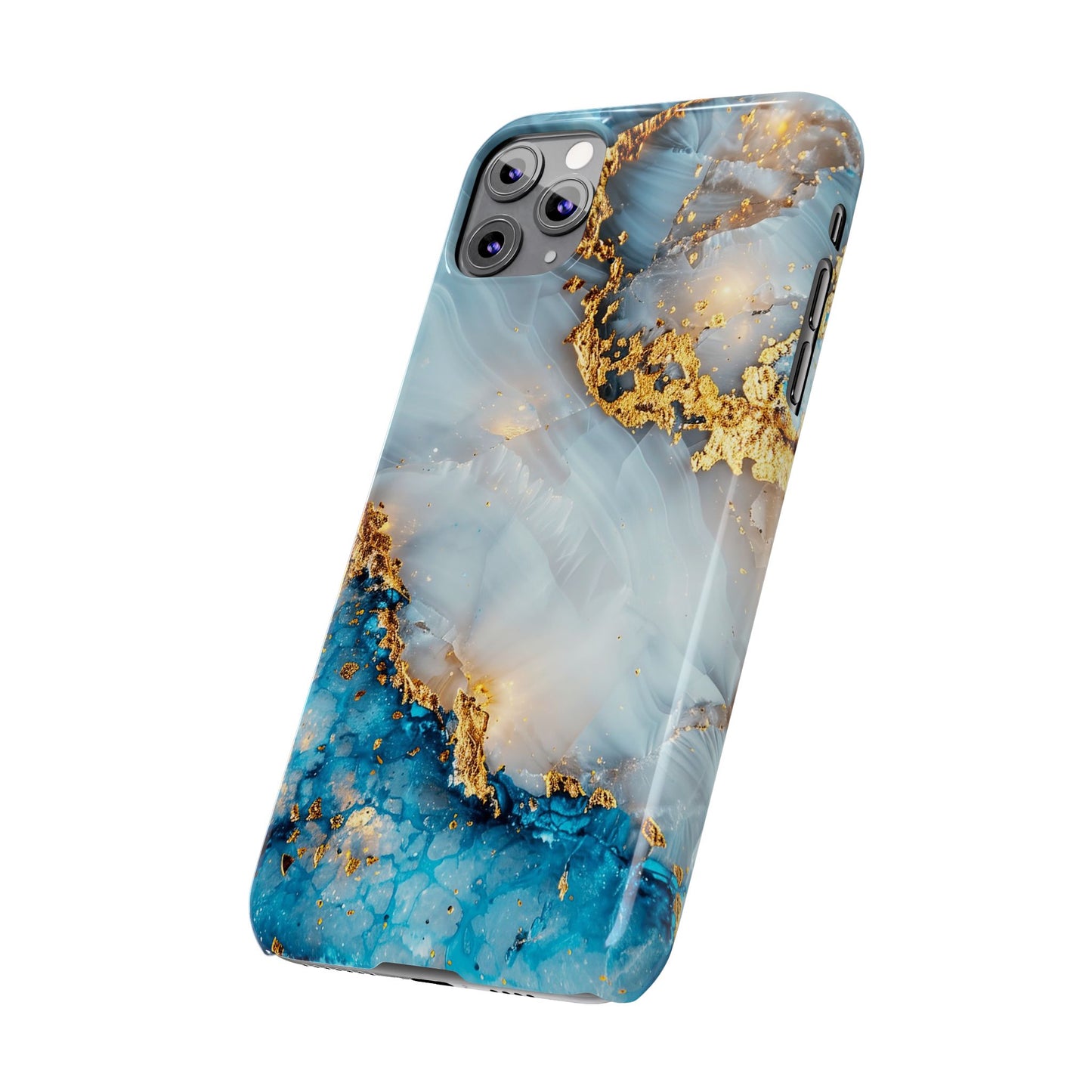 Marble Luxe Slim iPhone Case, Elegant Blue & Gold Design