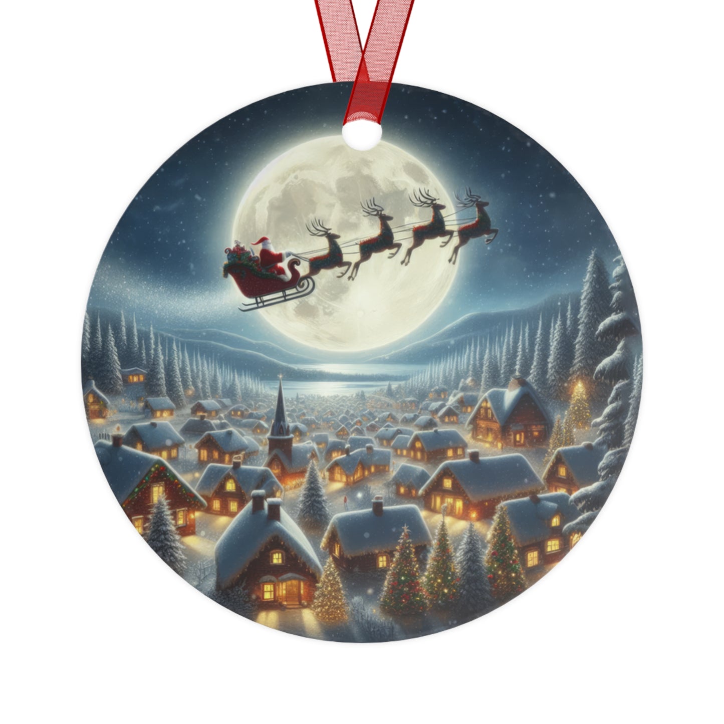 Santa’s Moonlit Village Flight Metal Ornaments, 2-Side Print