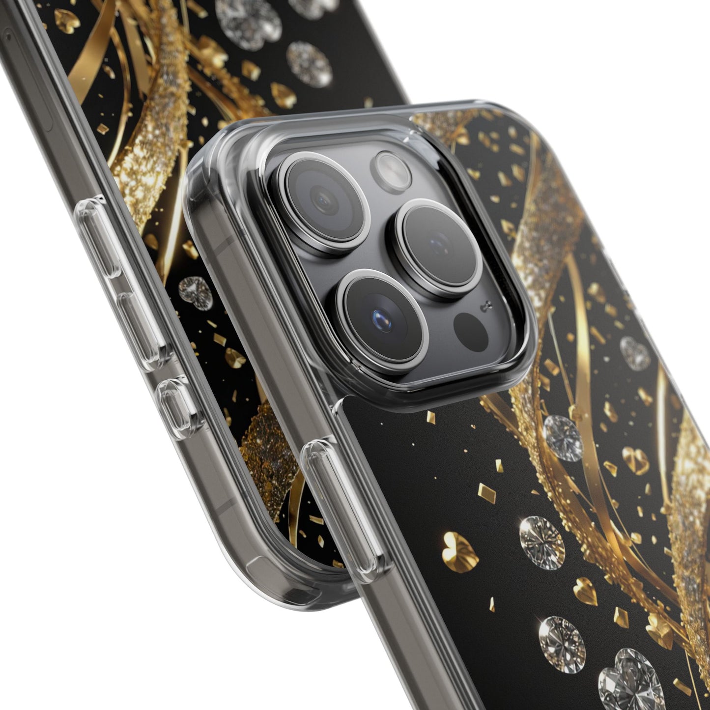 Gleaming Heart Clear Case, Elegant Gold Glitter, Sparkling Design