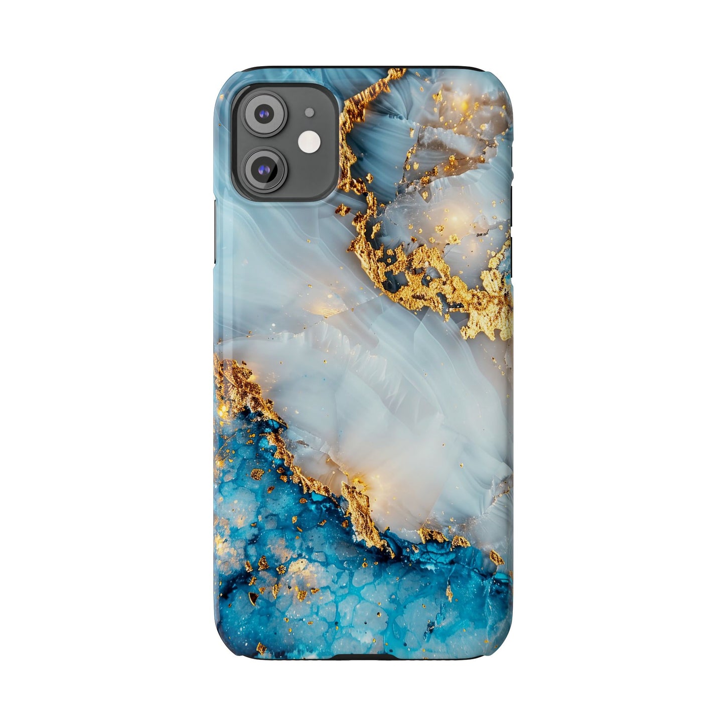 Marble Luxe Slim iPhone Case, Elegant Blue & Gold Design