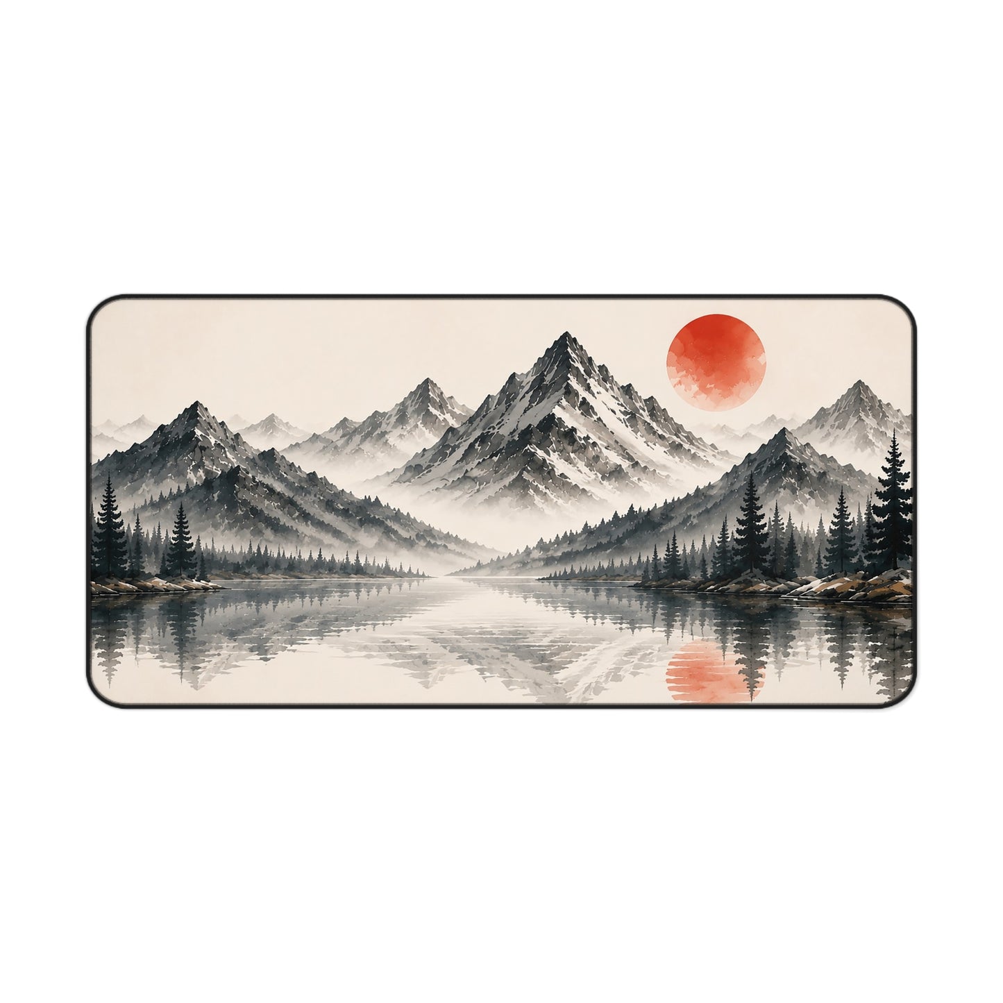 Mountain Lake Desk Mat – Minimal Asian Ink Landscape with Red Sun