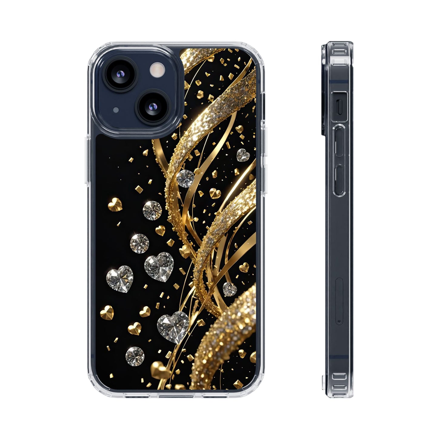 Gleaming Heart Clear Case, Elegant Gold Glitter, Sparkling Design