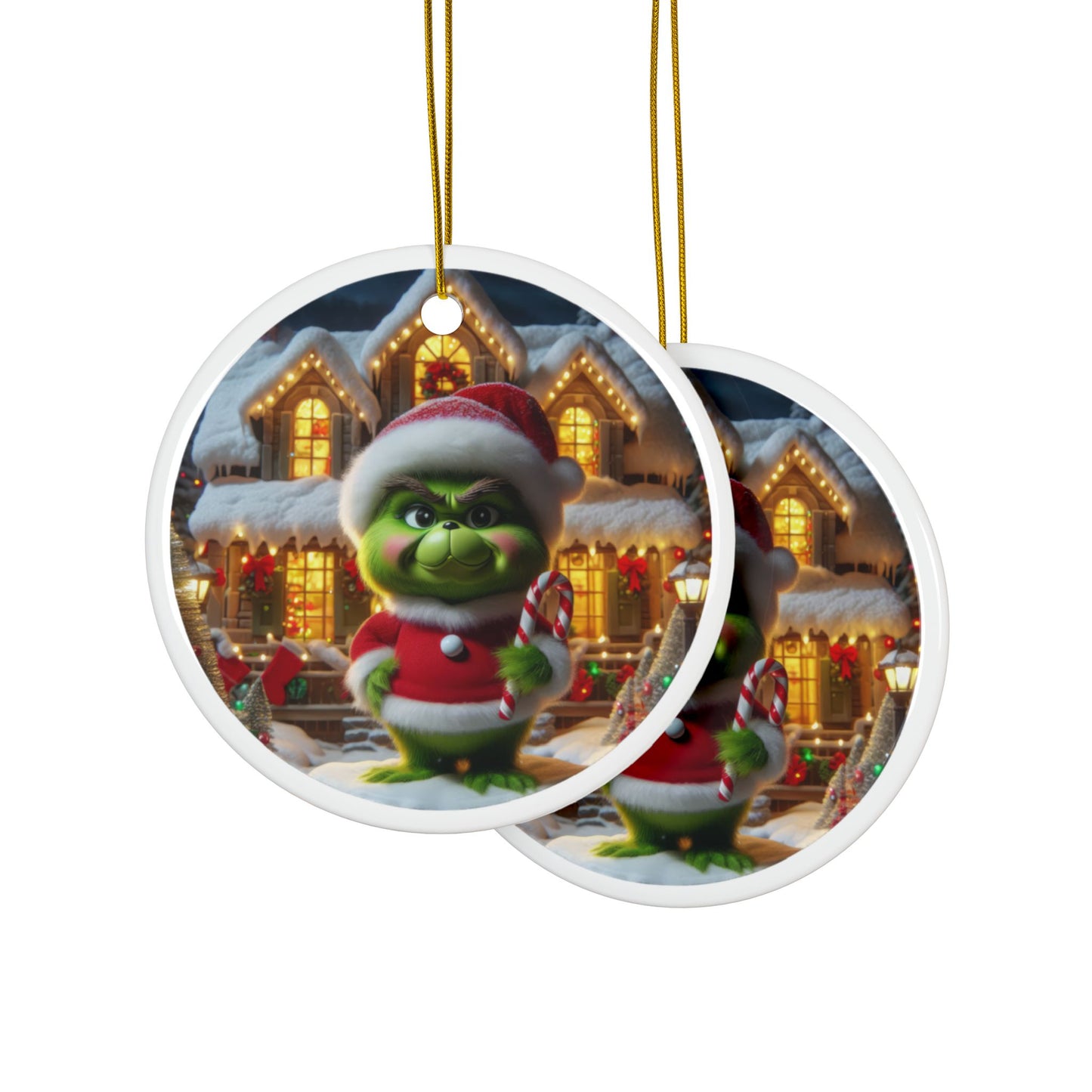 Little Grinch’s Sweet Treat Christmas Ceramic Ornaments, 2-Side Print, (1pc, 3pcs, 5pcs, 10pcs)