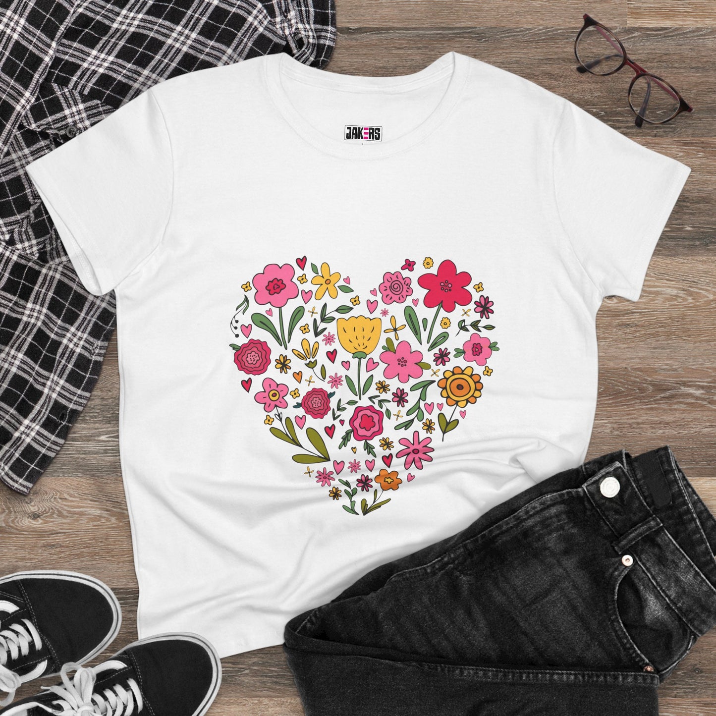 Floral Heart Women's Cotton Tee - Cute Everyday T-Shirt