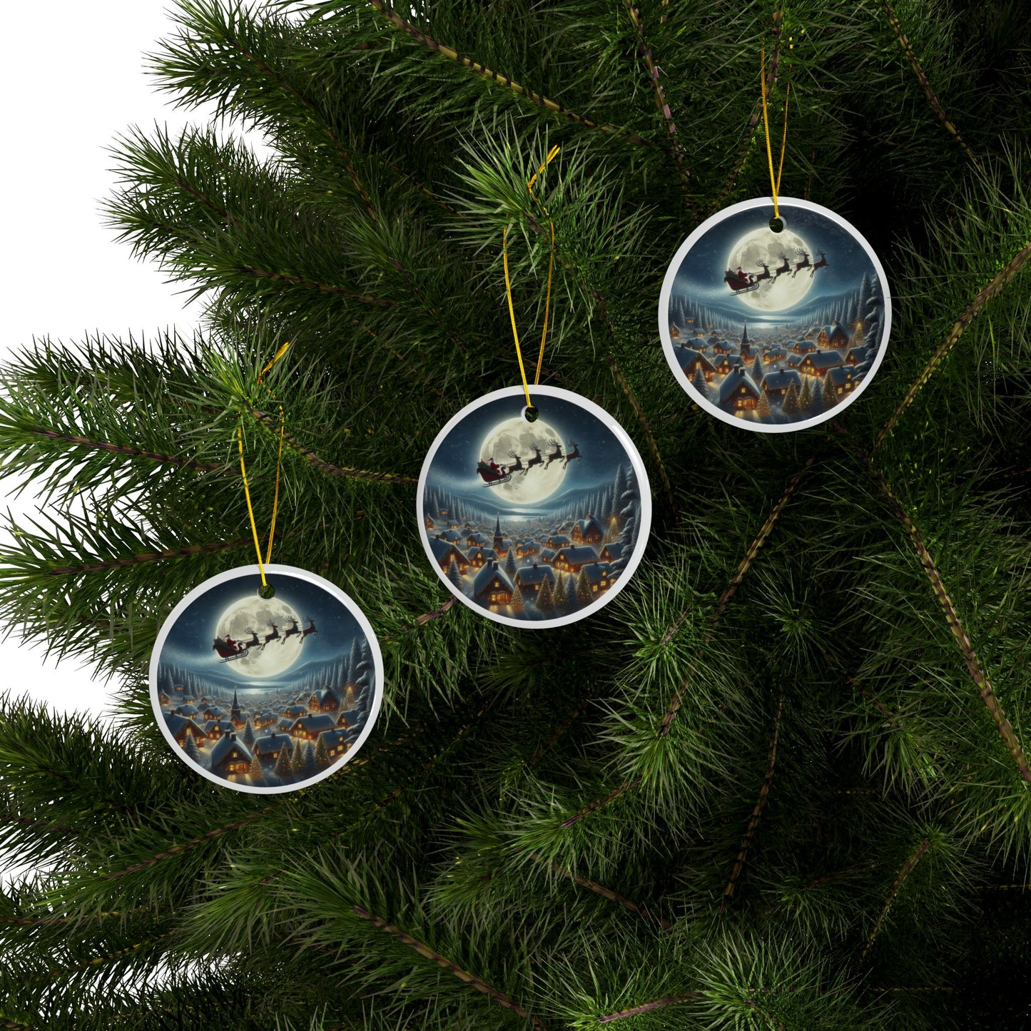 Santa’s Moonlit Village Flight Christmas Ceramic Ornaments, 2-Side Print, (1pc, 3pcs, 5pcs, 10pcs)