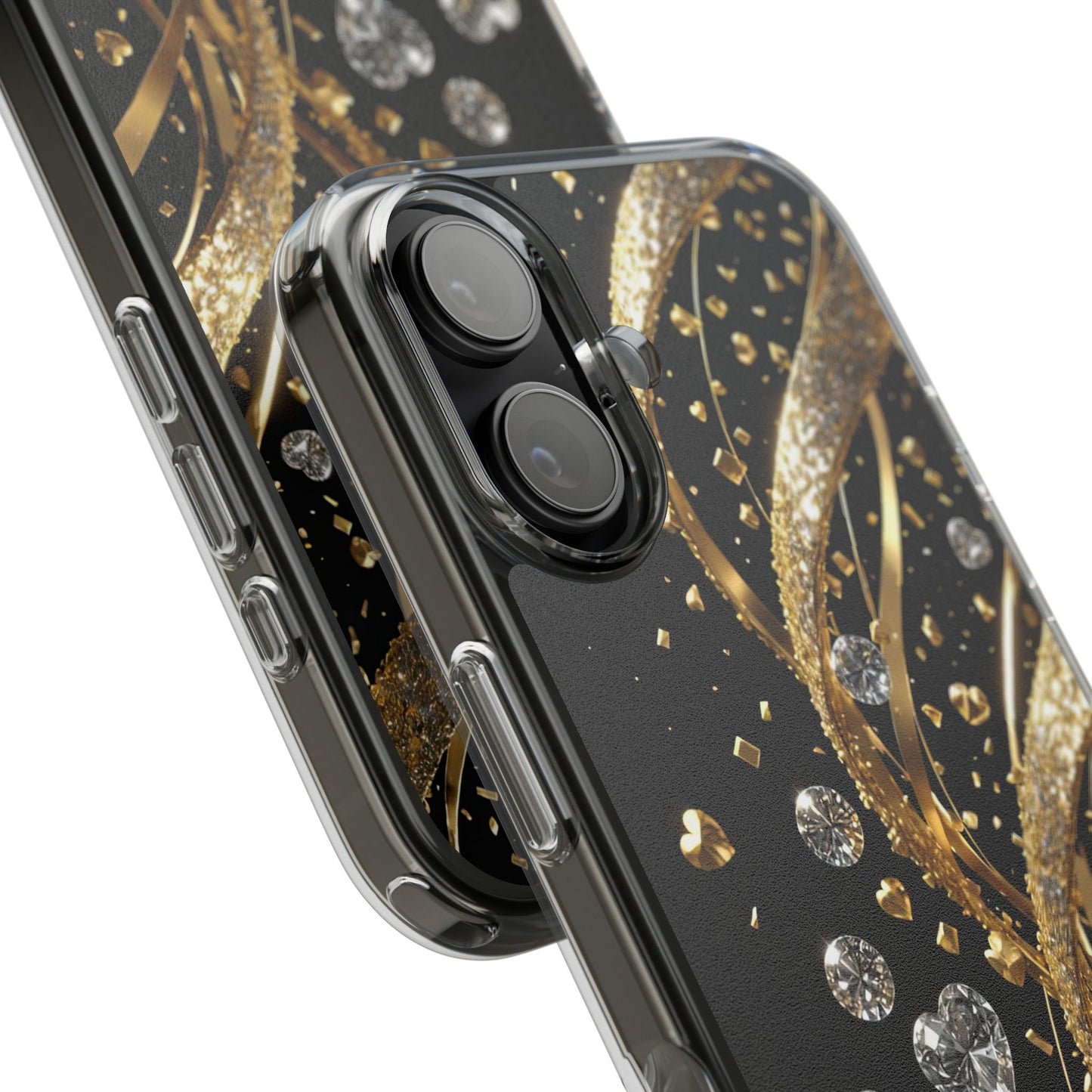 Gleaming Heart Clear Case, Elegant Gold Glitter, Sparkling Design