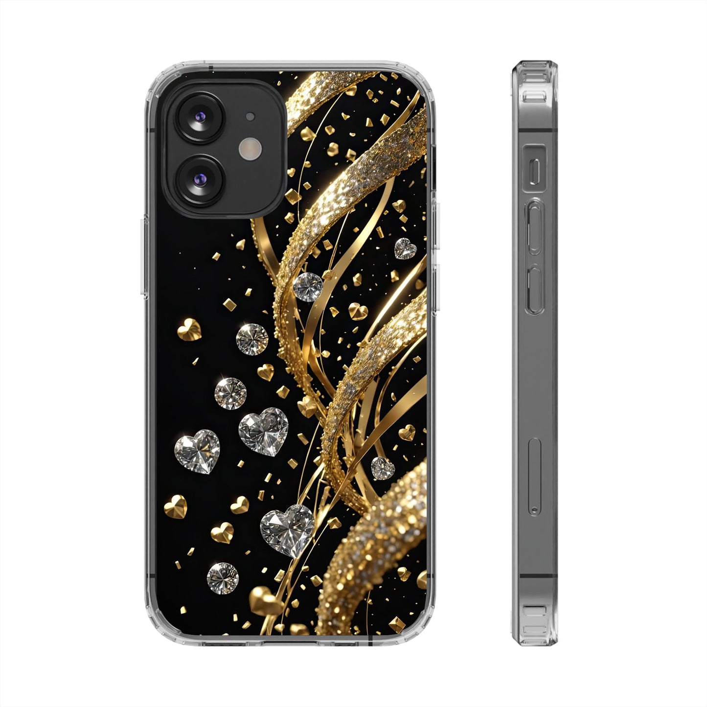 Gleaming Heart Clear Case, Elegant Gold Glitter, Sparkling Design
