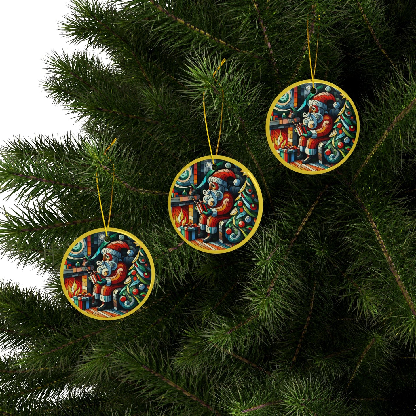 Noel In Cubism Ceramic Ornaments, 2-Side Print, (1pc, 3pcs, 5pcs, 10pcs)