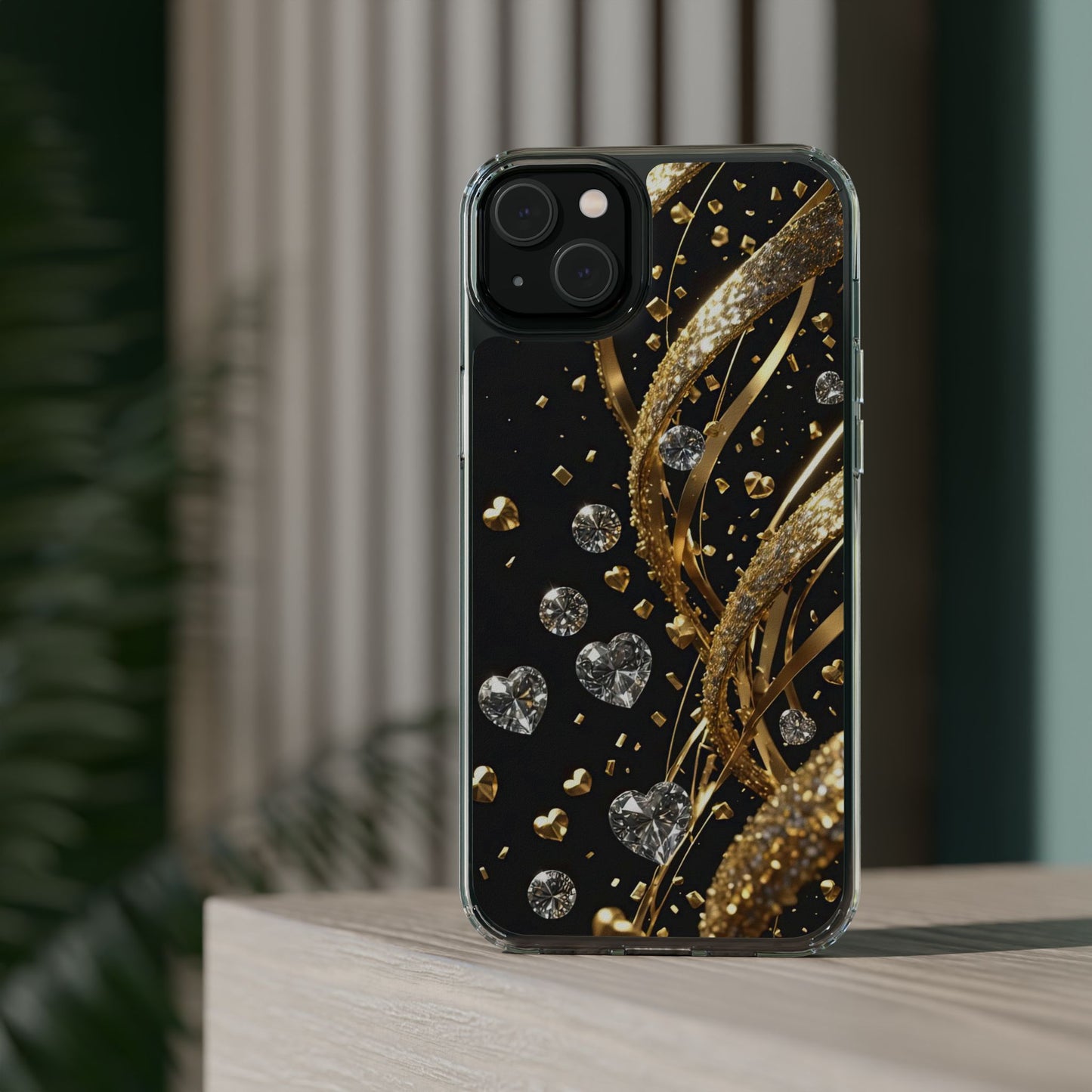 Gleaming Heart Clear Case, Elegant Gold Glitter, Sparkling Design