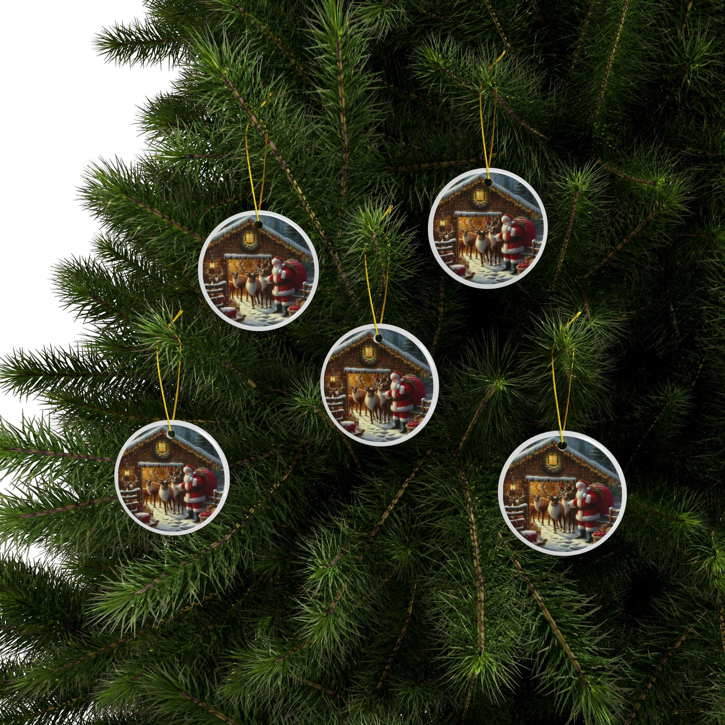 Barnside Christmas with Santa Ceramic Ornaments, 2-Side Print, (1pc, 3pcs, 5pcs, 10pcs)