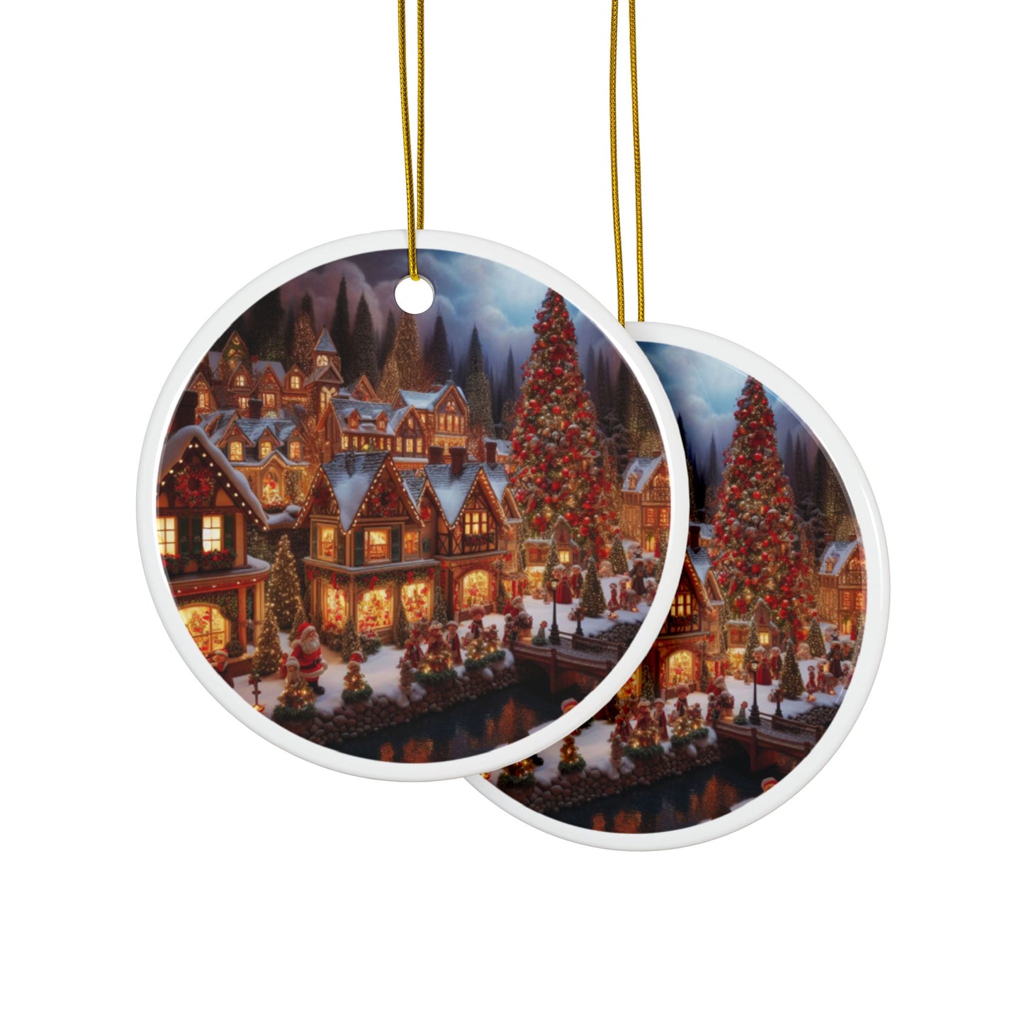 Santa’s Winter Wonderland Village Ceramic Ornaments, 2-Side Print, (1pc, 3pcs, 5pcs, 10pcs)