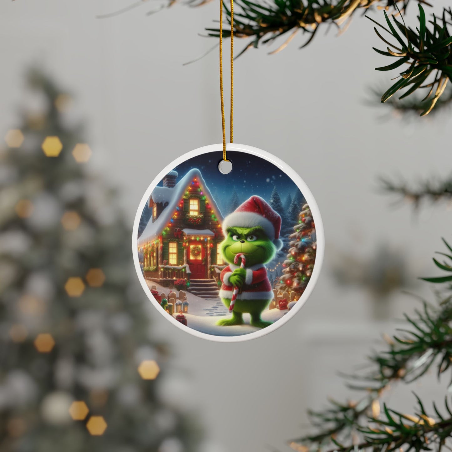 The Grinch’s Playful Candy Cane Prank Christmas Ceramic Ornaments, 2-Side Print, (1pc, 3pcs, 5pcs, 10pcs)