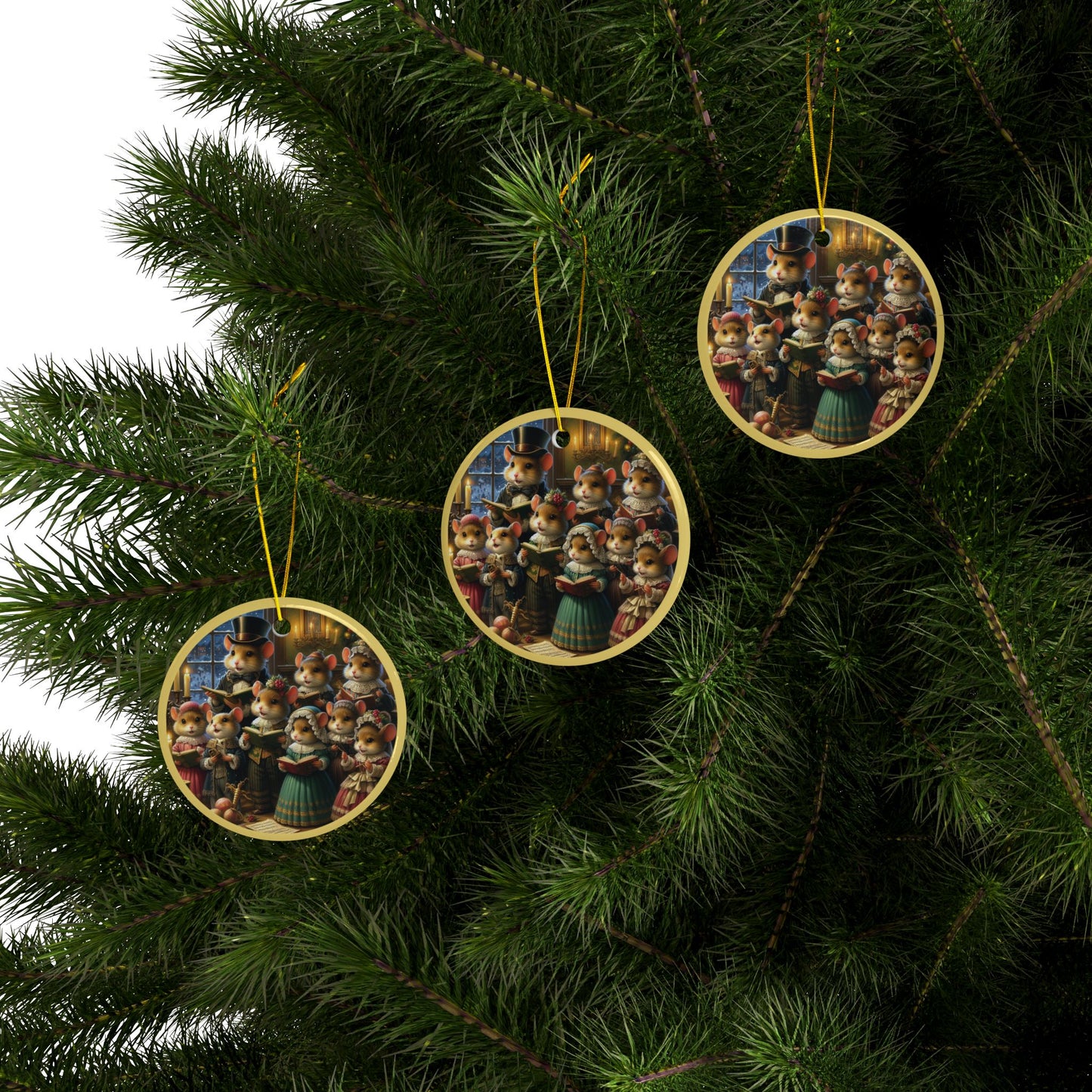 Pine-Kissed Mouse Carolers Ceramic Ornaments, 2-Side Print, (1pc, 3pcs, 5pcs, 10pcs)