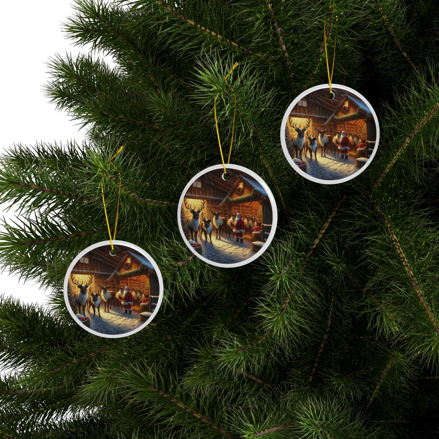 The North Pole Barn and Santa’s Crew Christmas Ceramic Ornaments, 2-Side Print, (1pc, 3pcs, 5pcs, 10pcs)