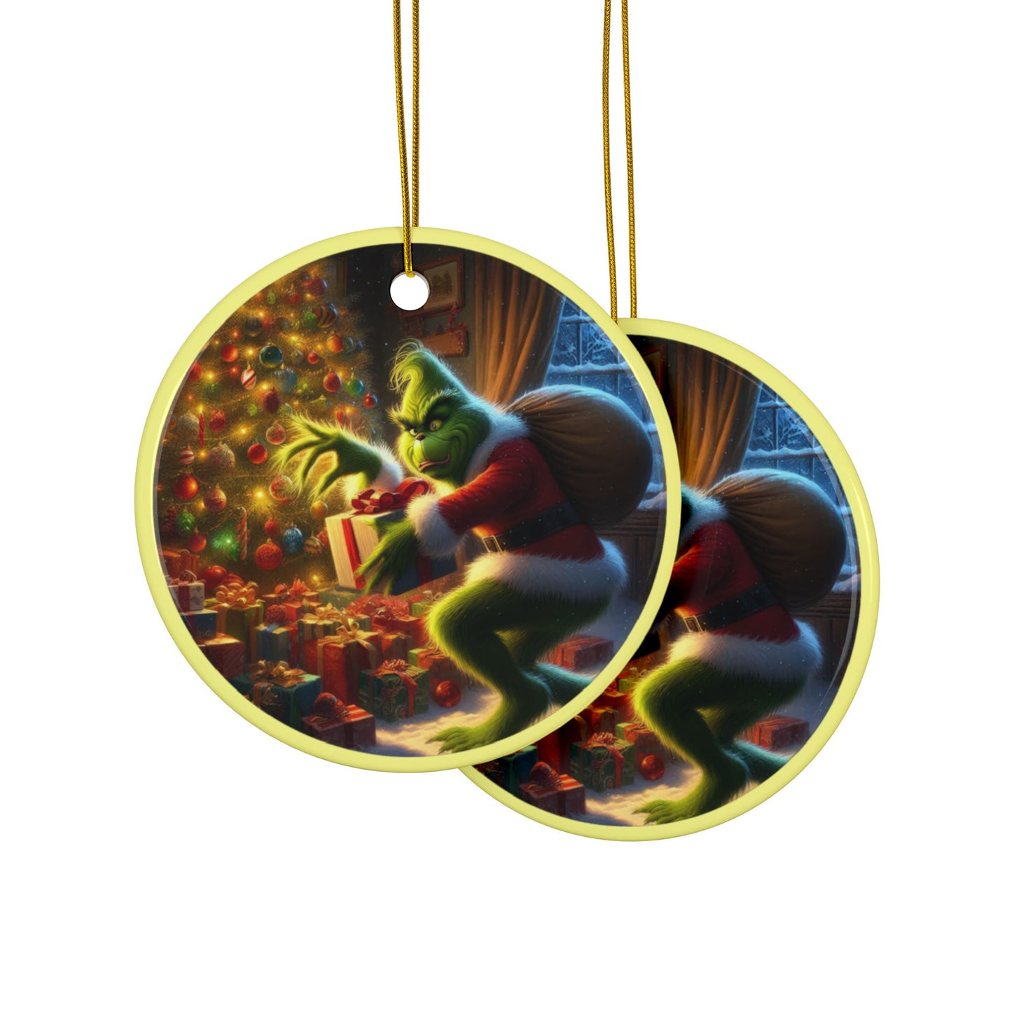 Grinch’s Stealthy Holiday Theft Christmas Ceramic Ornaments, 2-Side Print, (1pc, 3pcs, 5pcs, 10pcs)