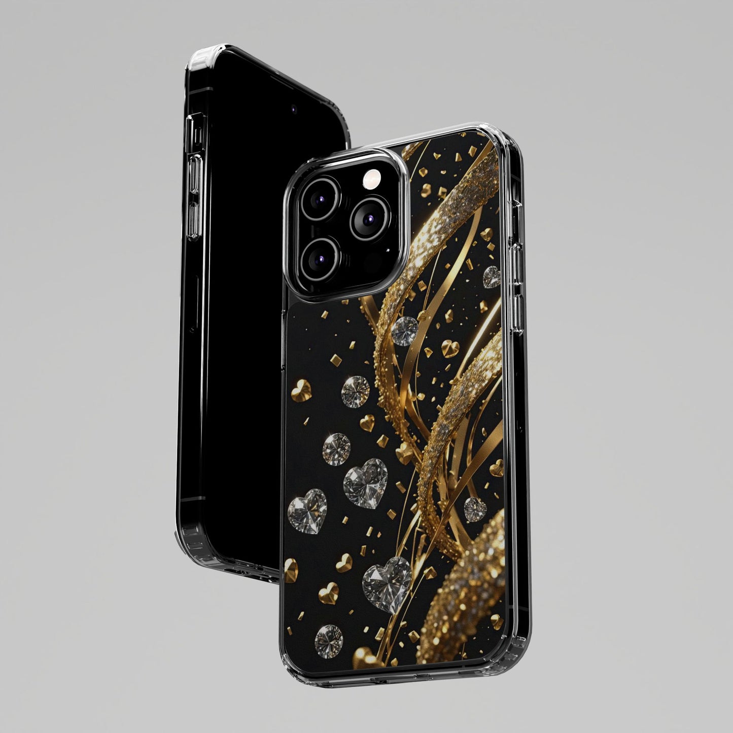 Gleaming Heart Clear Case, Elegant Gold Glitter, Sparkling Design