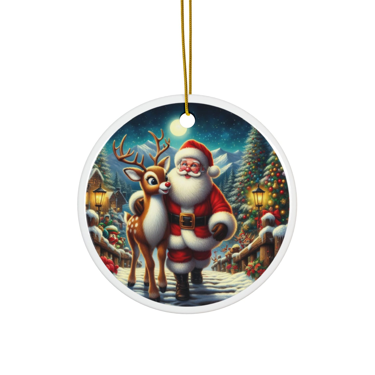 Santa and Rudolph’s Night of Magic Christmas Ceramic Ornaments, 2-Side Print, (1pc, 3pcs, 5pcs, 10pcs)