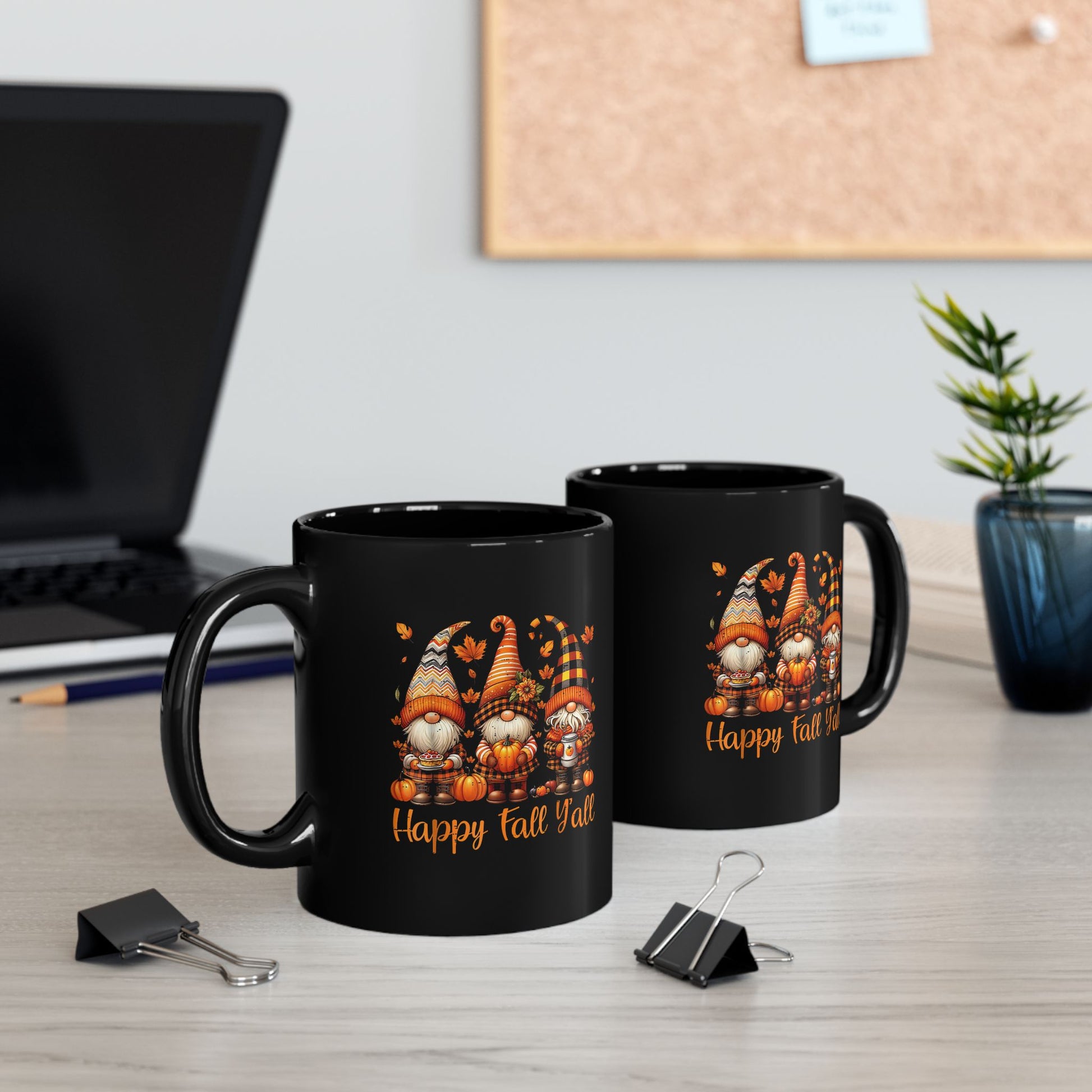 Happy Fall Y'all Gnome Mug, Black Coffee Cup for Autumn