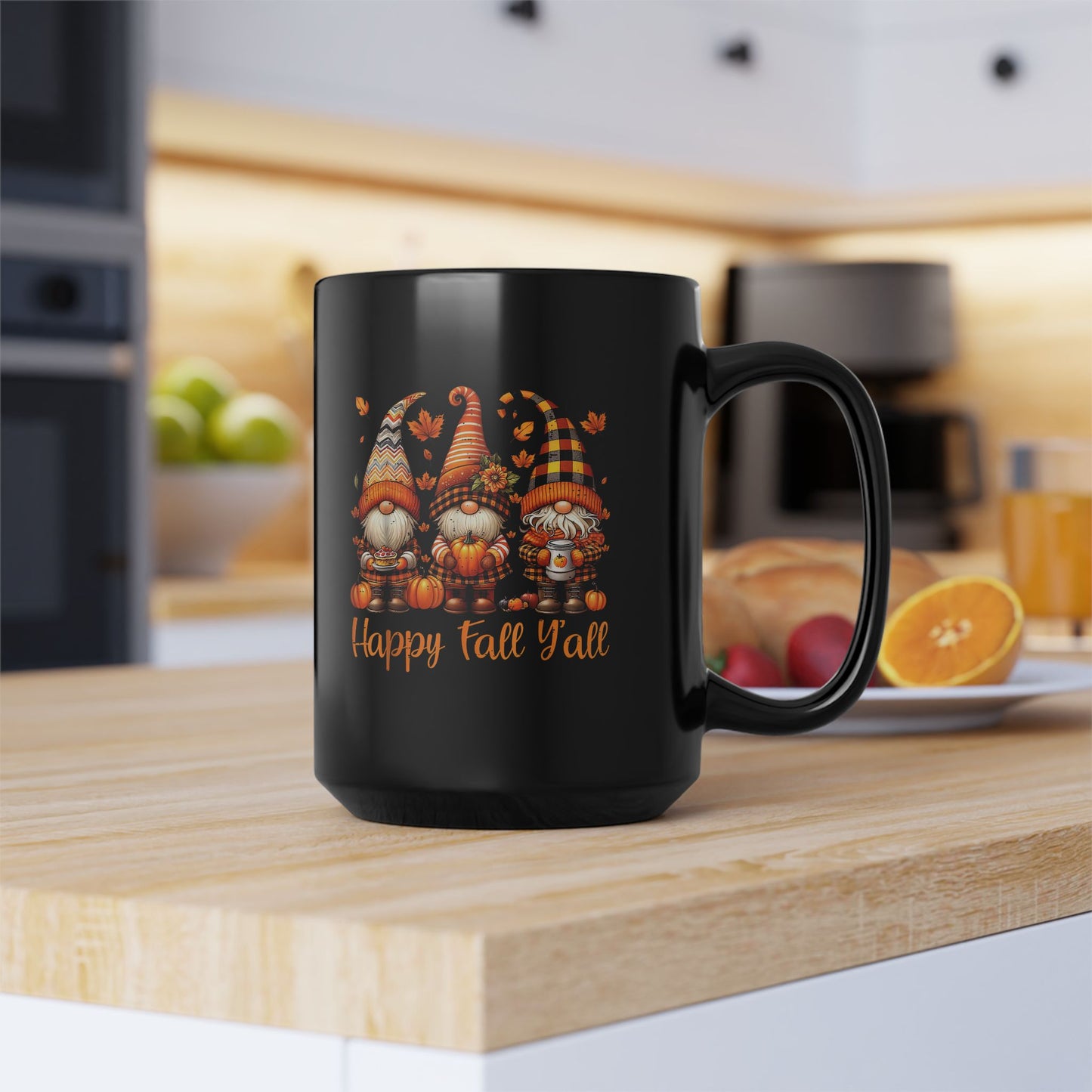 Happy Fall Y'all Gnome Mug, Black Coffee Cup for Autumn