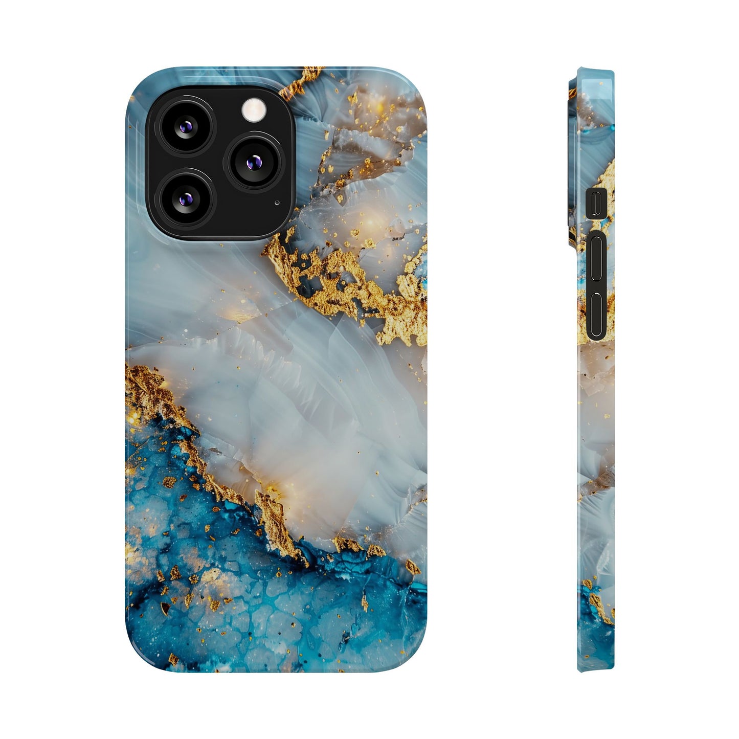 Marble Luxe Slim iPhone Case, Elegant Blue & Gold Design