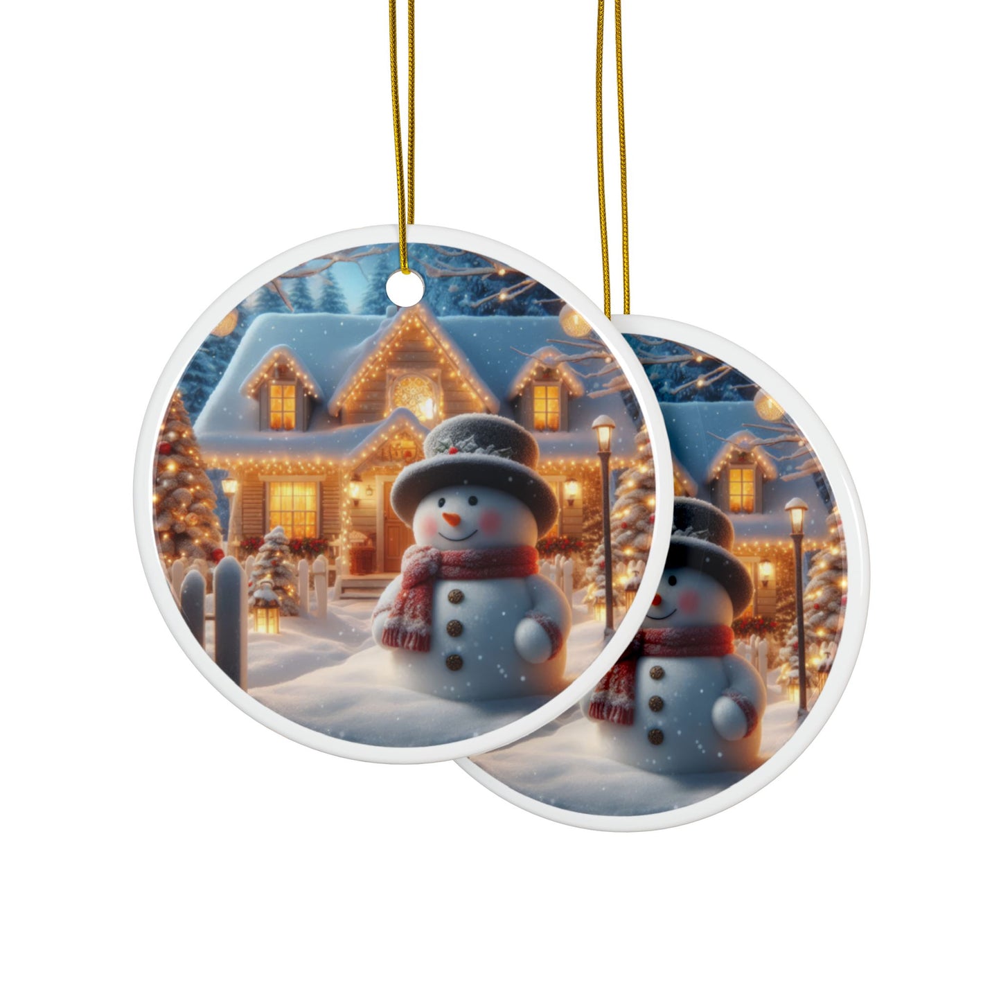 Merry Snowman’s Hearthside Christmas Ceramic Ornaments, 2-Side Print, (1pc, 3pcs, 5pcs, 10pcs)