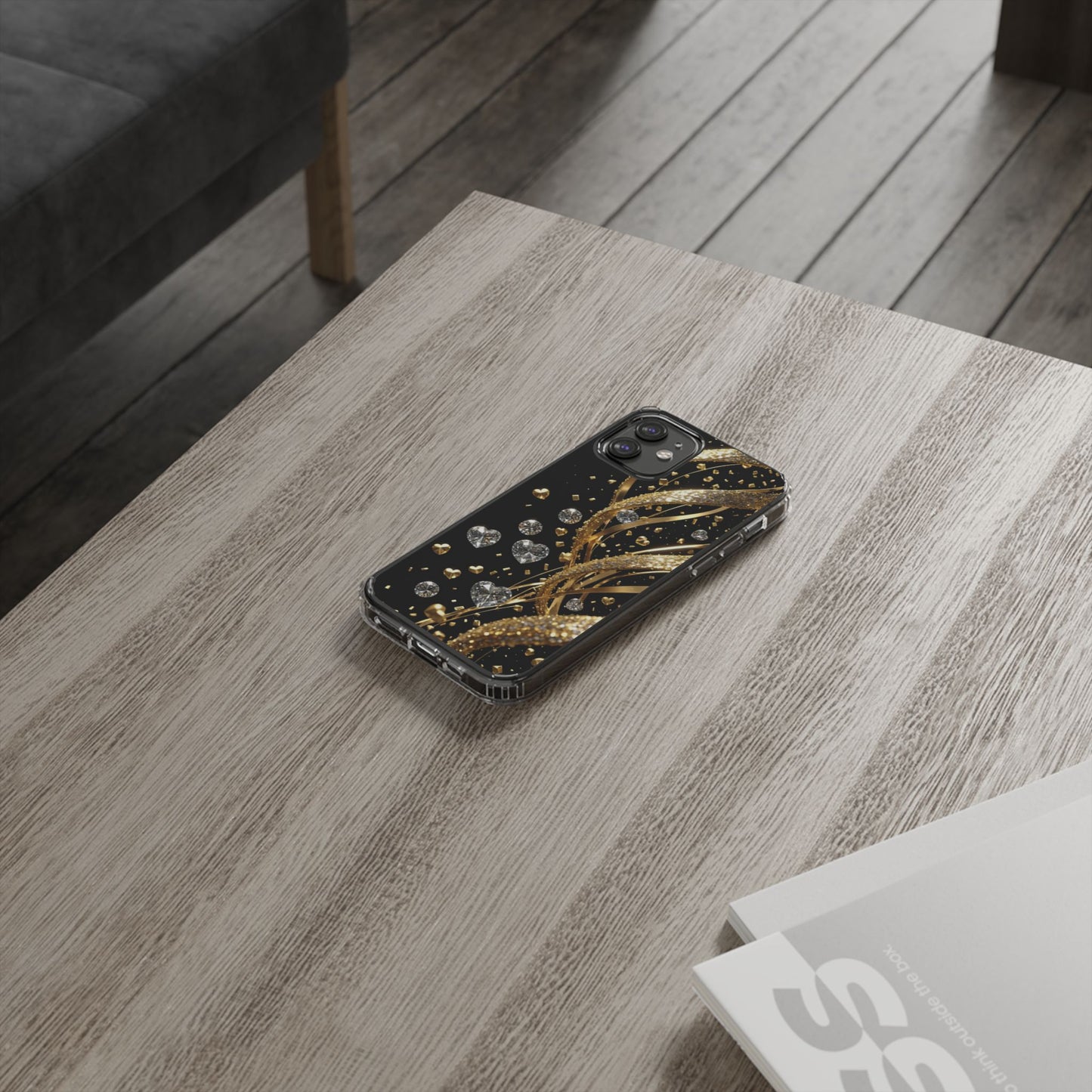 Gleaming Heart Clear Case, Elegant Gold Glitter, Sparkling Design