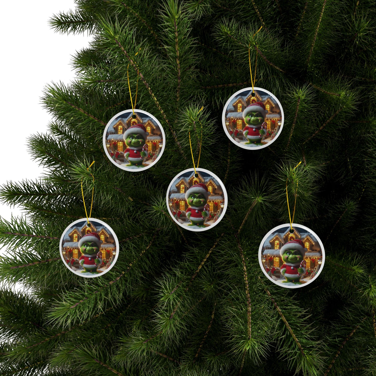 Little Grinch’s Sweet Treat Christmas Ceramic Ornaments, 2-Side Print, (1pc, 3pcs, 5pcs, 10pcs)