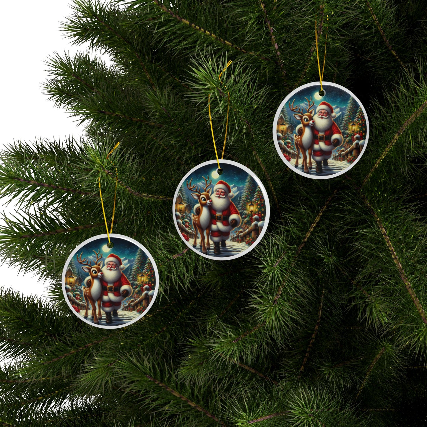 Santa and Rudolph’s Night of Magic Christmas Ceramic Ornaments, 2-Side Print, (1pc, 3pcs, 5pcs, 10pcs)