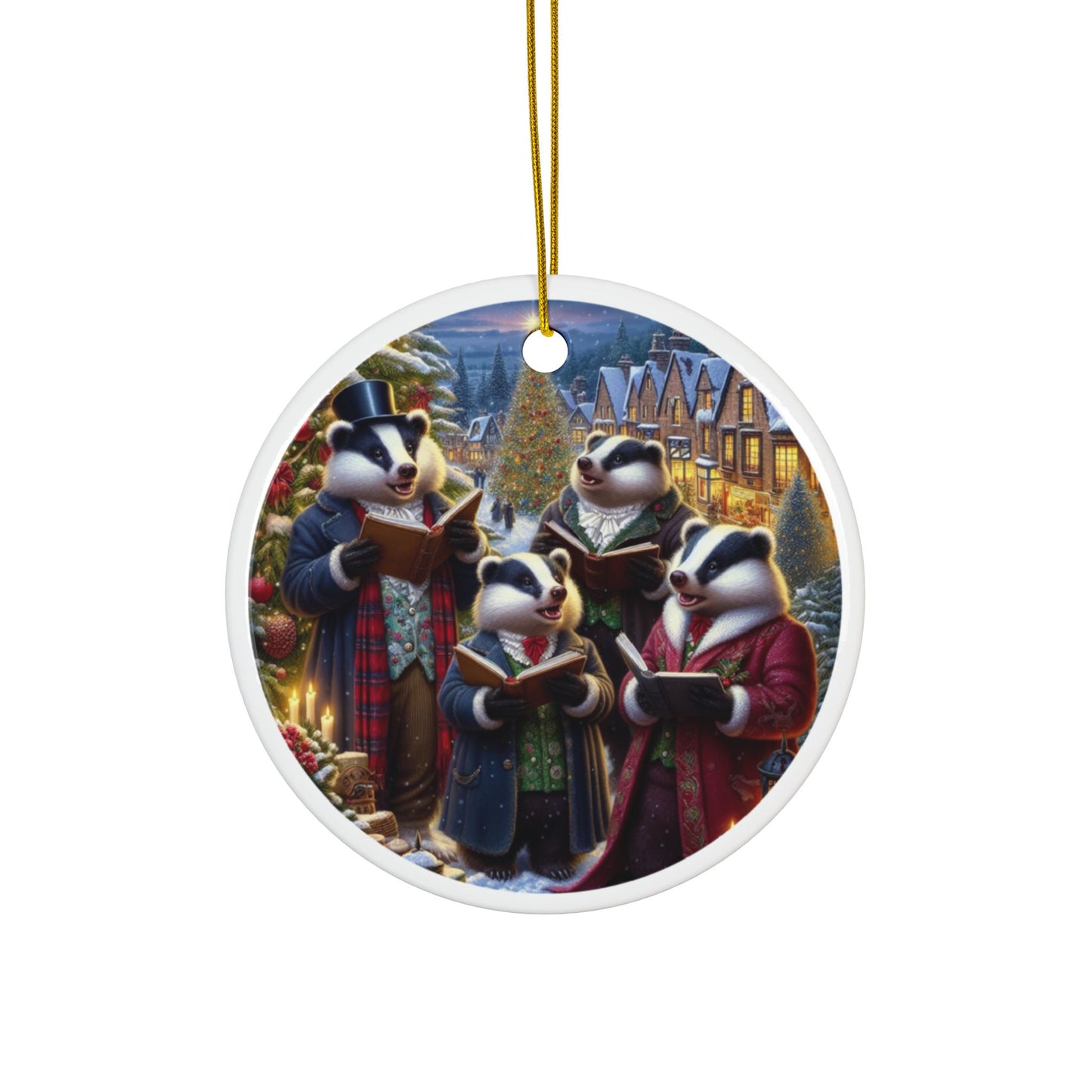 Holly-Crowned Badgers Ceramic Ornaments, 2-Side Print, (1pc, 3pcs, 5pcs, 10pcs)