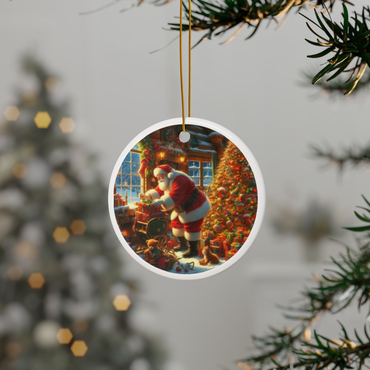 Santa’s Gift-Giving Tradition Christmas Ceramic Ornaments, 2-Side Print, (1pc, 3pcs, 5pcs, 10pcs)