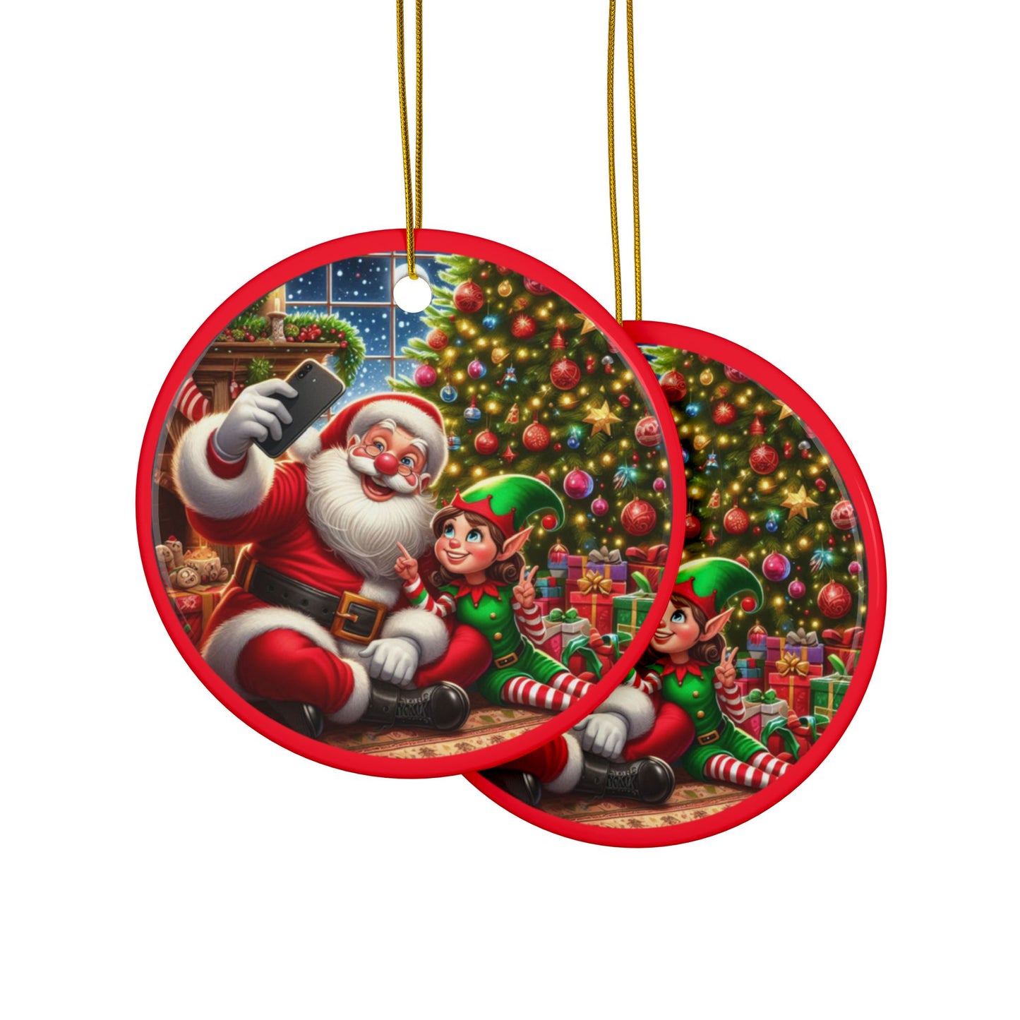 Ho-Ho-Ho Selfie Show Ceramic Ornaments, 2-Side Print, (1pc, 3pcs, 5pcs, 10pcs)