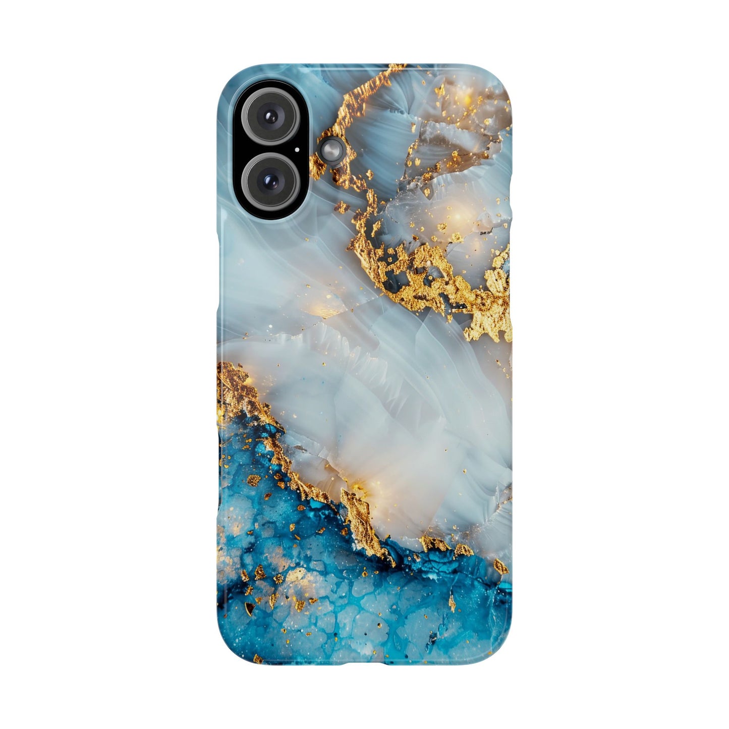 Marble Luxe Slim iPhone Case, Elegant Blue & Gold Design