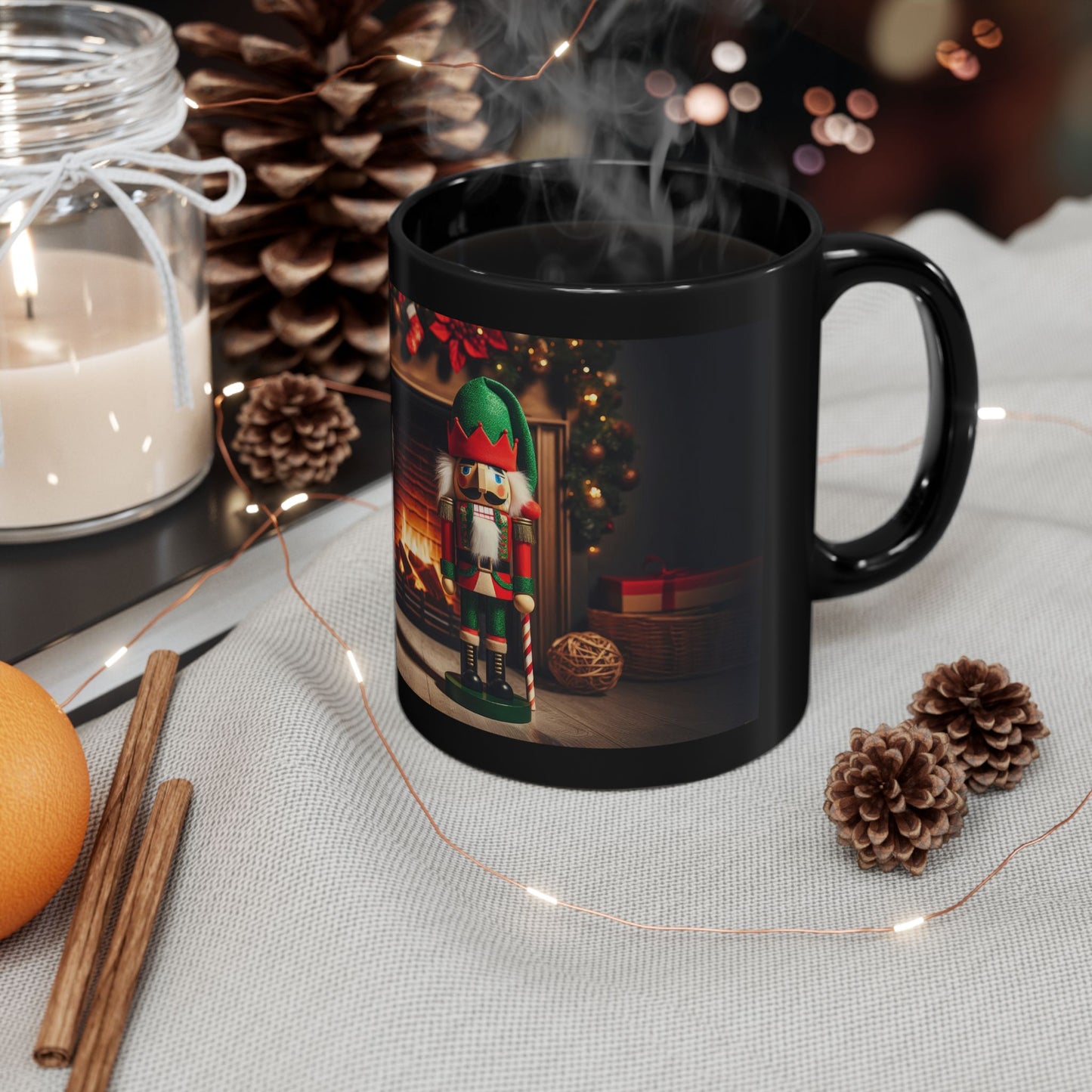 Two Nutcrackers and a Winter’s Fire Black Mug - 11oz, 15oz