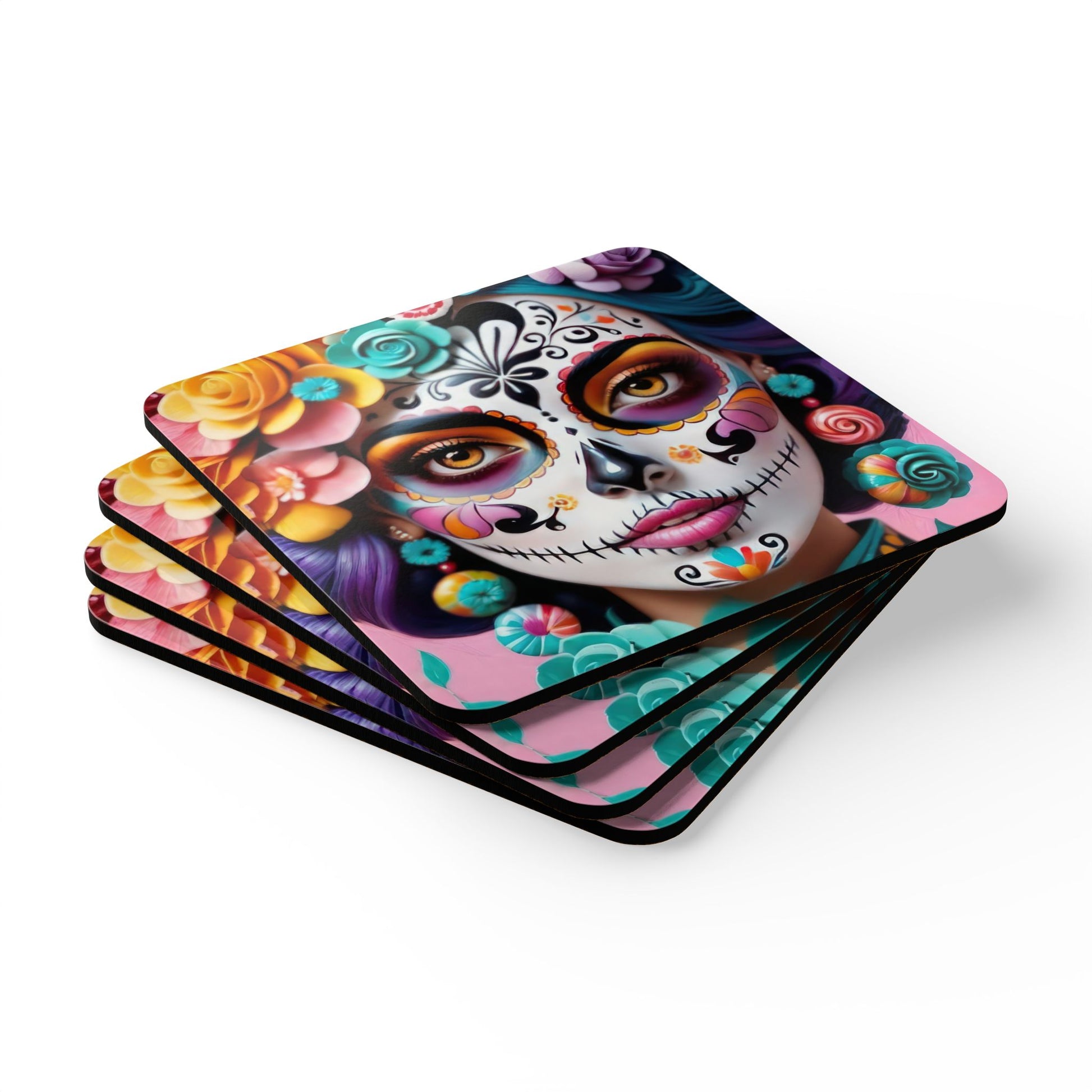 Sugar Skull Cork Coaster Set, Dia de los Muertos Decor