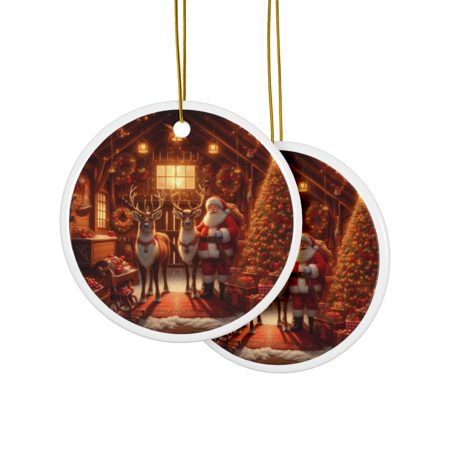 Santa’s Barnyard Cheer Christmas Ceramic Ornaments, 2-Side Print, (1pc, 3pcs, 5pcs, 10pcs)