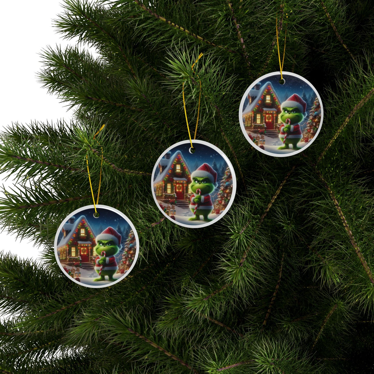 The Grinch’s Playful Candy Cane Prank Christmas Ceramic Ornaments, 2-Side Print, (1pc, 3pcs, 5pcs, 10pcs)