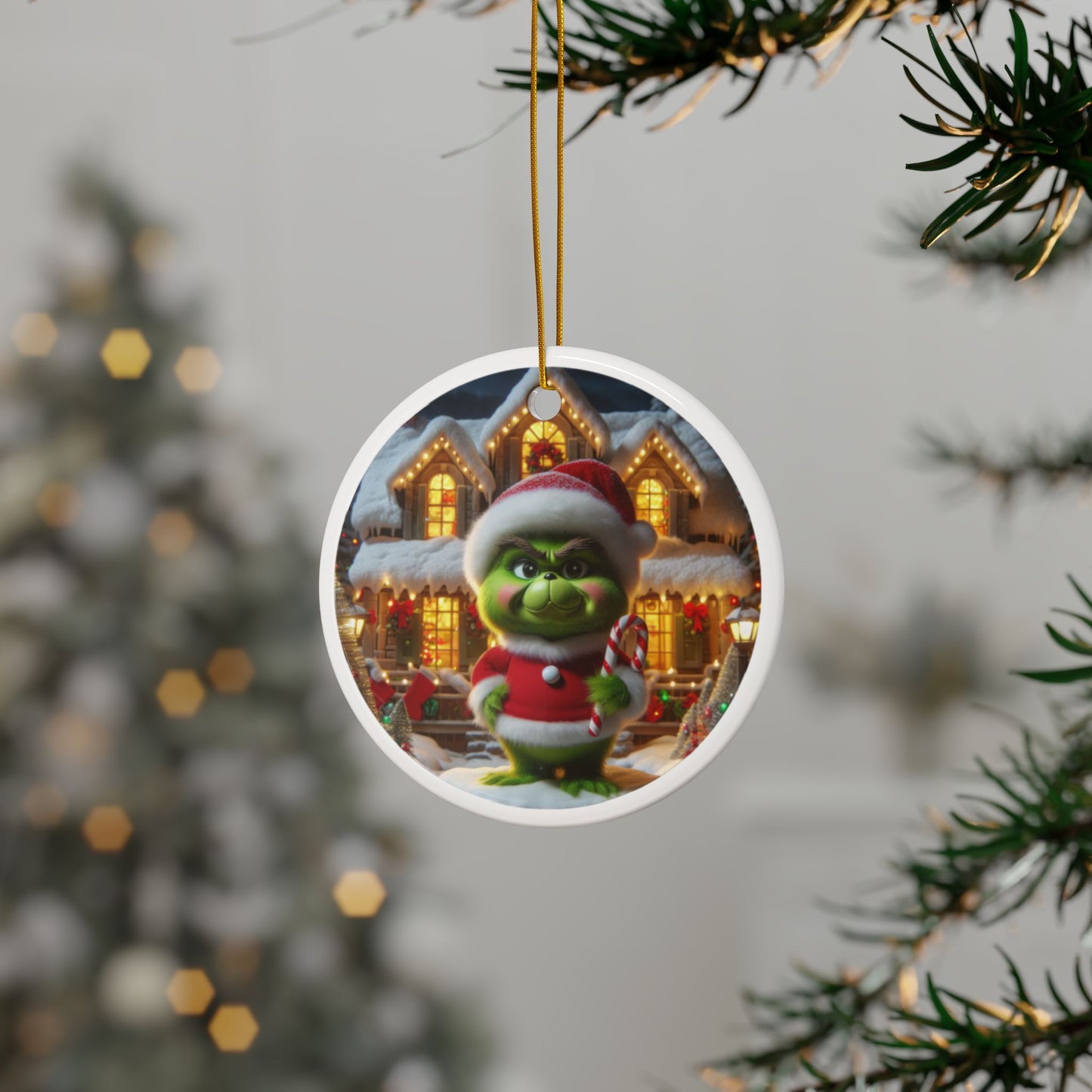 Little Grinch’s Sweet Treat Christmas Ceramic Ornaments, 2-Side Print, (1pc, 3pcs, 5pcs, 10pcs)